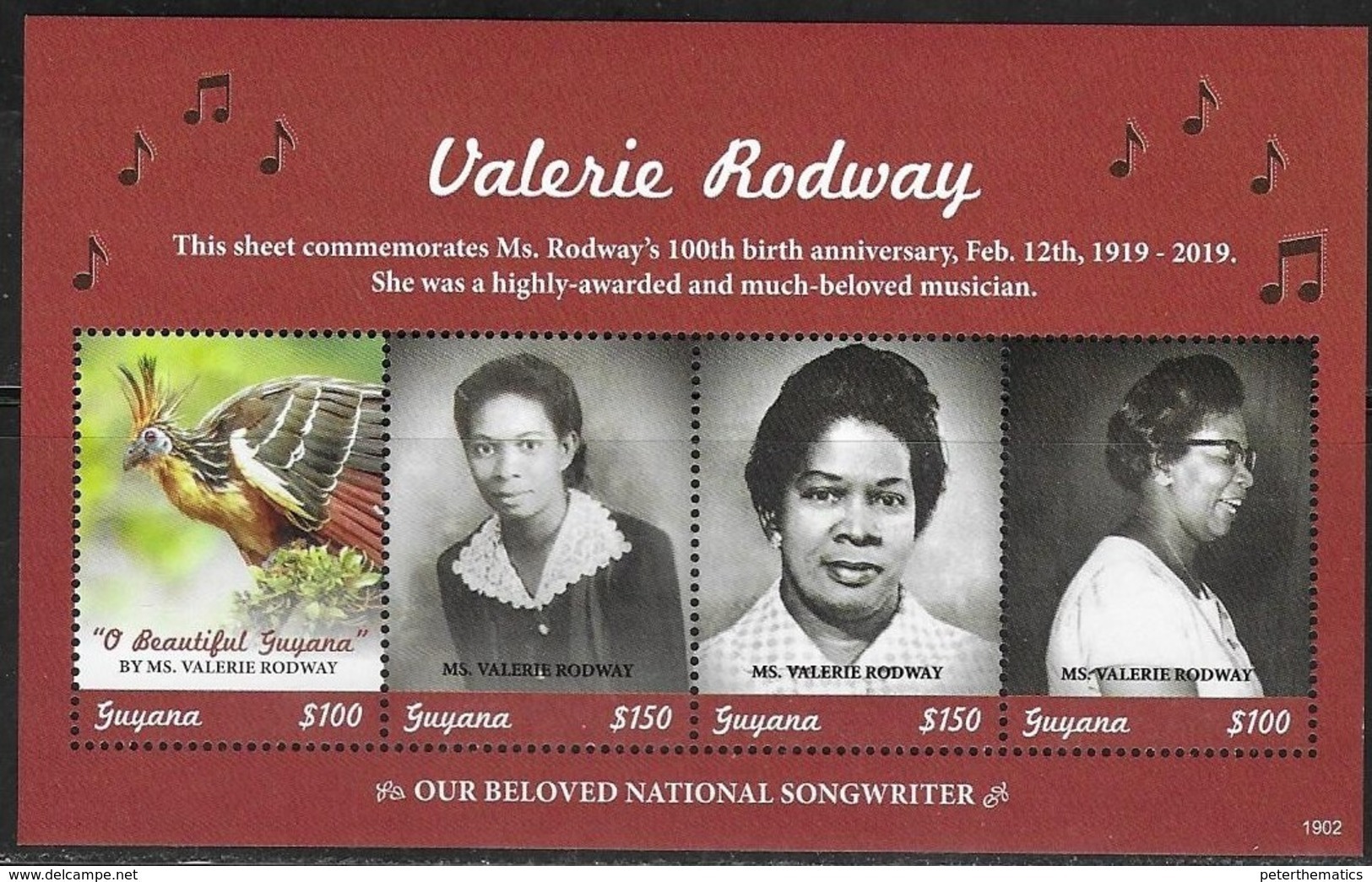 GUYANA, 2019, MNH, BIRDS, VALERIE RODWAY, MUSIC, SONGWRITERS, SHEETLET - Other & Unclassified