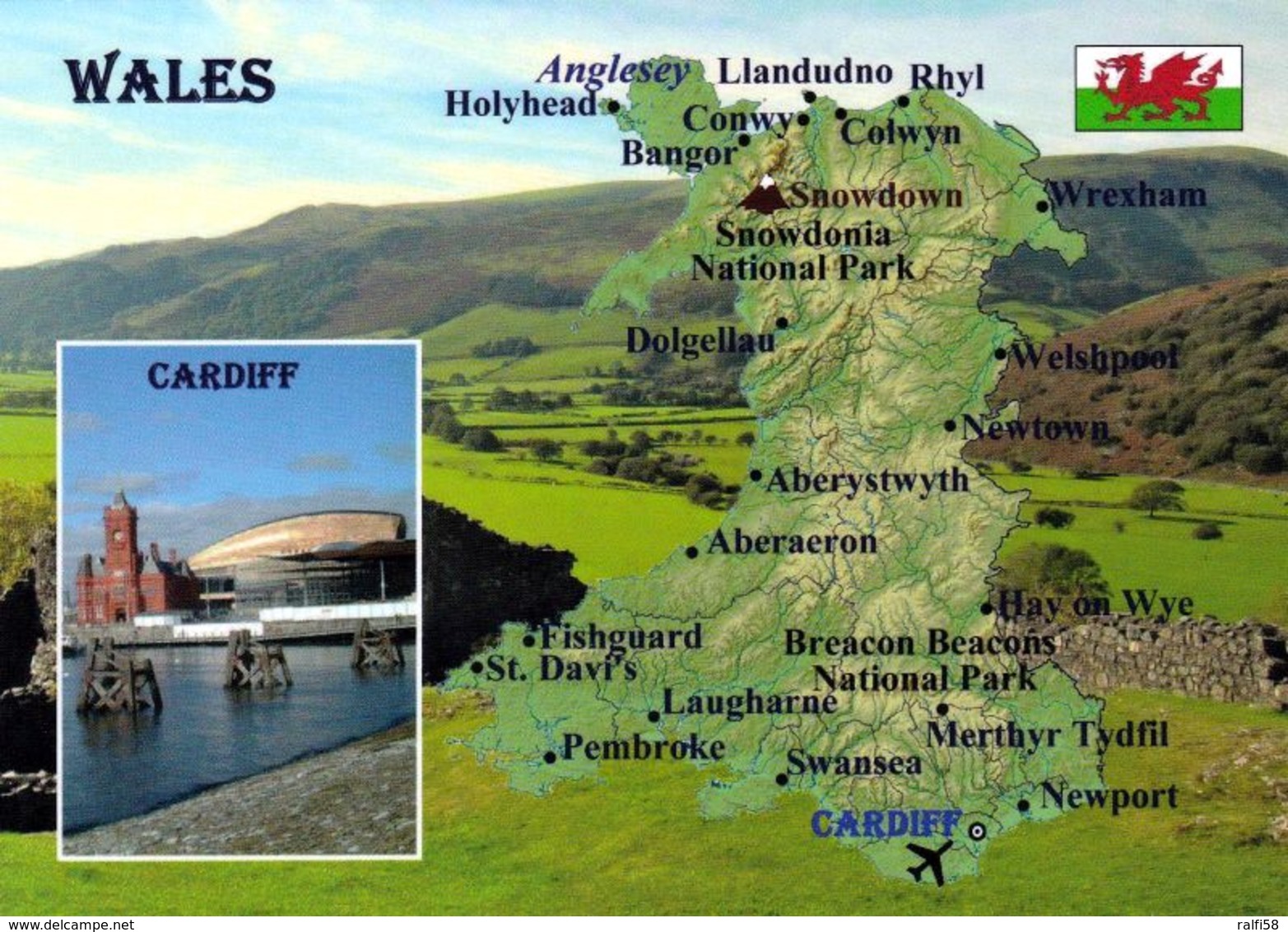 1 Map Of Wales * 1 Ansichtskarte Mit Der Landkarte Von Wales - Im Kleinen Bild Cardiff Die Hauptstadt Von Wales * - Carte Geografiche