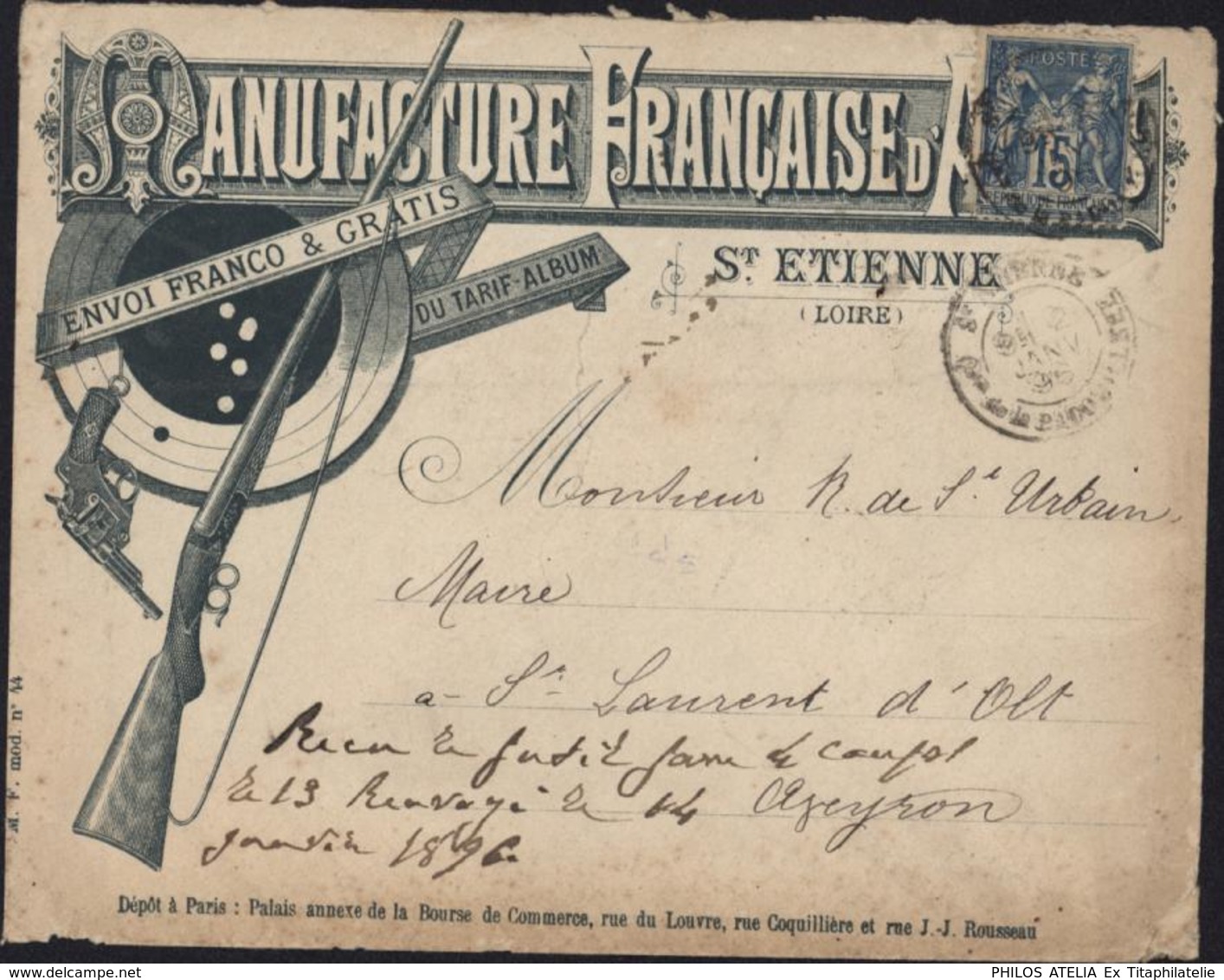 Enveloppe Illustrée Manufacture Française Armes St Etienne YT Sage 15c Bleu CAD St Etienne 1896 Fusil - 1877-1920: Semi Modern Period