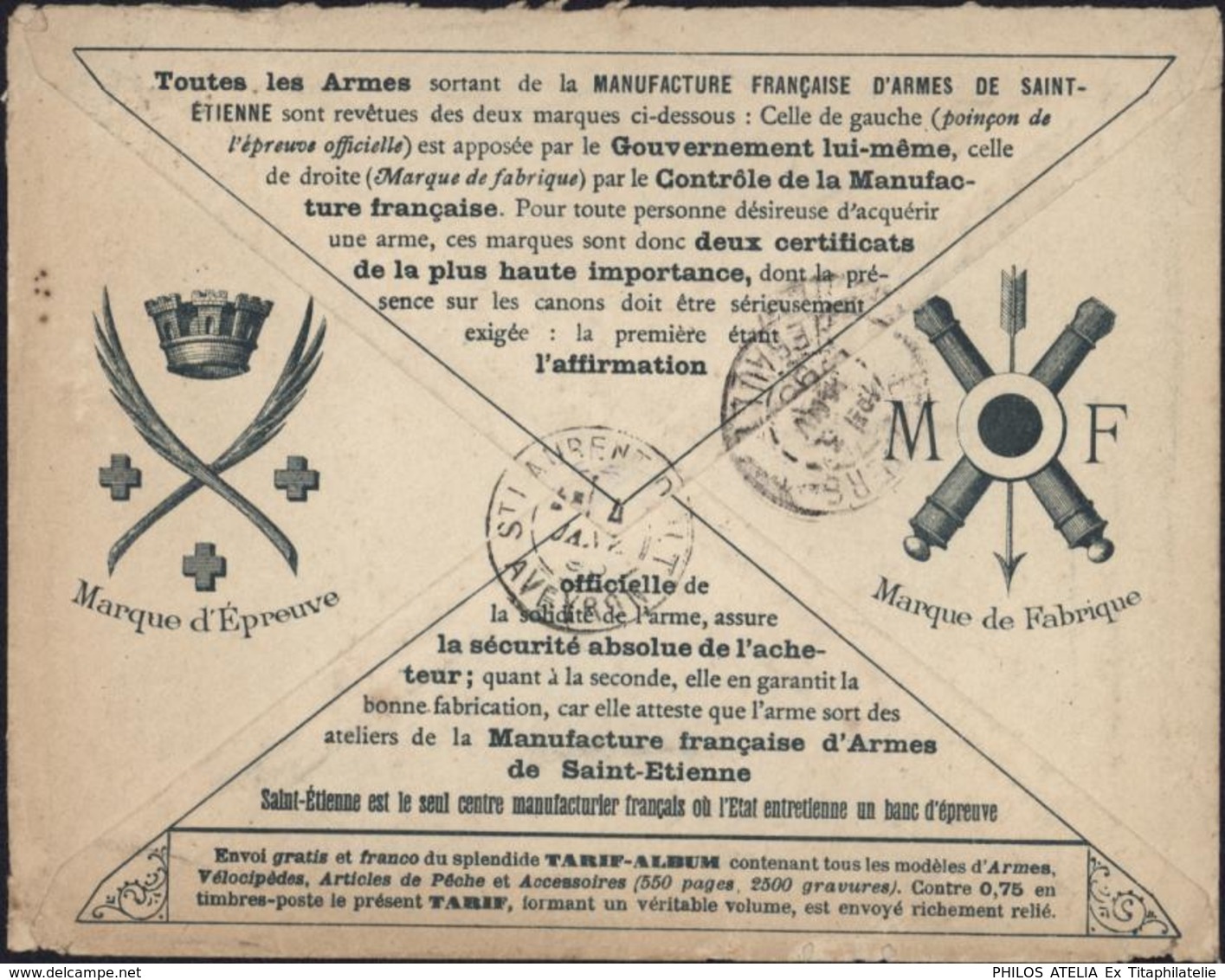 Enveloppe Illustrée Manufacture Française Armes St Etienne YT Sage 15c Bleu CAD St Etienne 1896 Fusil - 1877-1920: Semi Modern Period