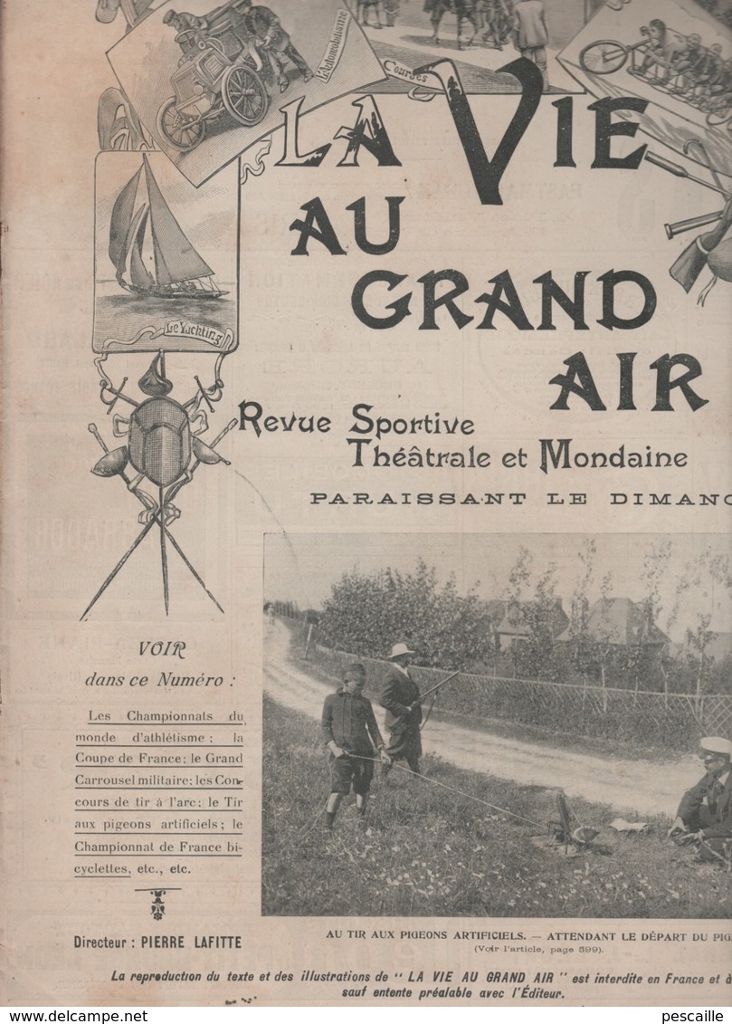 LA VIE AU GRAND AIR 29 07 1900 - TIR AU PIGEON - TIR A L'ARC VINCENNES - CHAMPIONNAT DU MONDE ATHLETISME - WATER-POLO - - 1900 - 1949