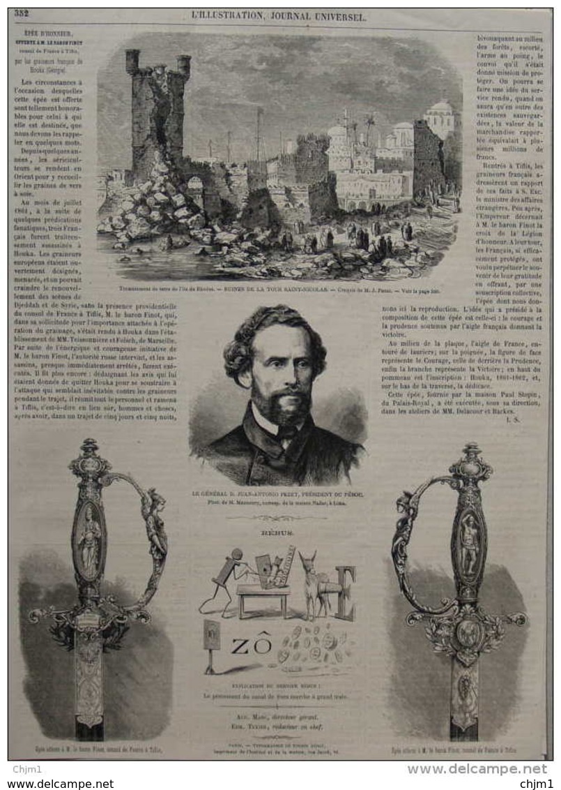 Général Juan-Antonio Pezet, Président Du Pérou - Tremblement De Terre De L'Ile De Rhodos-  Page Original 1863 - Documents Historiques