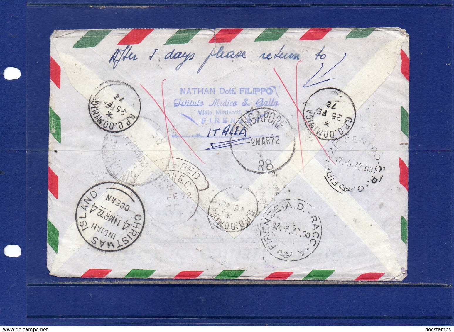 ##(DAN197)-Dominica 1972-Airmail  Registered Cover From Dominica To Christmas Island, Retour To Sender To Italy - Monete