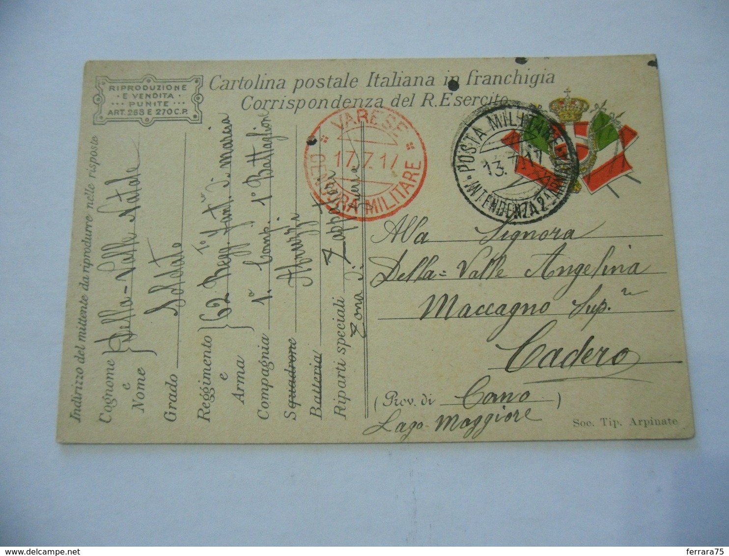 WW1 CARTOLINA POSTALE FRANCHIGIA 62°REGG.FANT. BATT.ABRUZZI VS MACCAGNO VARESE - Guerra 1914-18