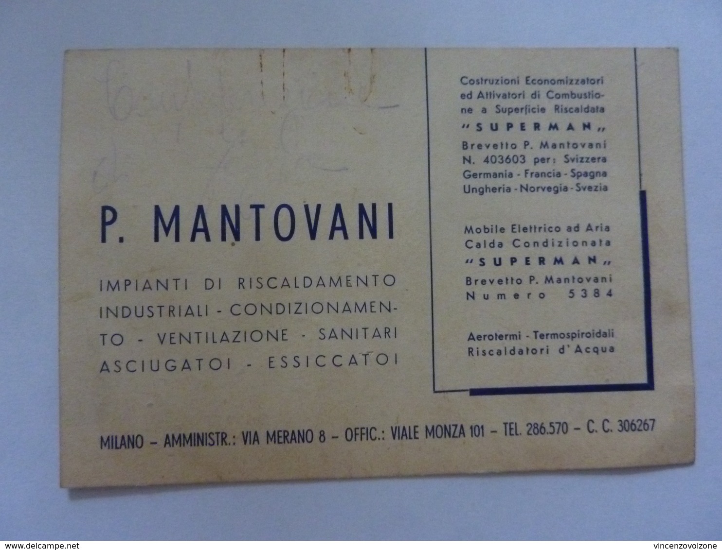 Cartoncino Pubblicitario "P. MANTOVANI Milano" Anni '50 - Pubblicitari