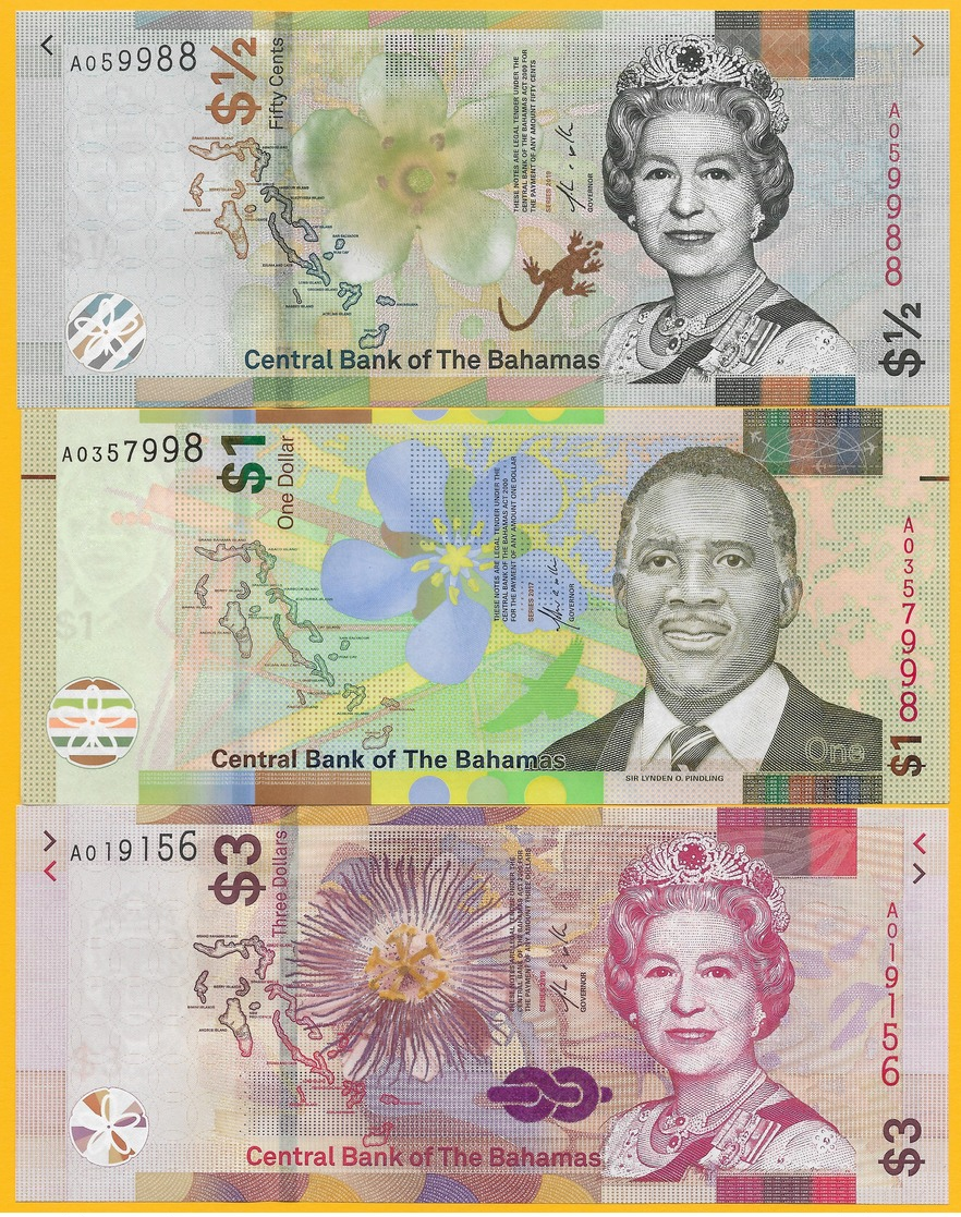 Bahamas	Set Of 3 Banknotes: 1/2 (half) Dollar, 1 Dollar, 3 Dollars 2017-2019 UNC - Bahamas