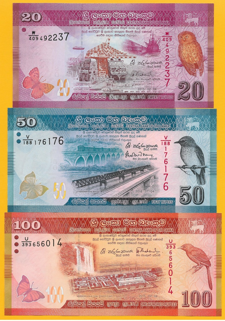 Sri Lanka	Set Of 3 Banknotes: 20, 50, 100 Rupees 2015-2016 UNC - Sri Lanka