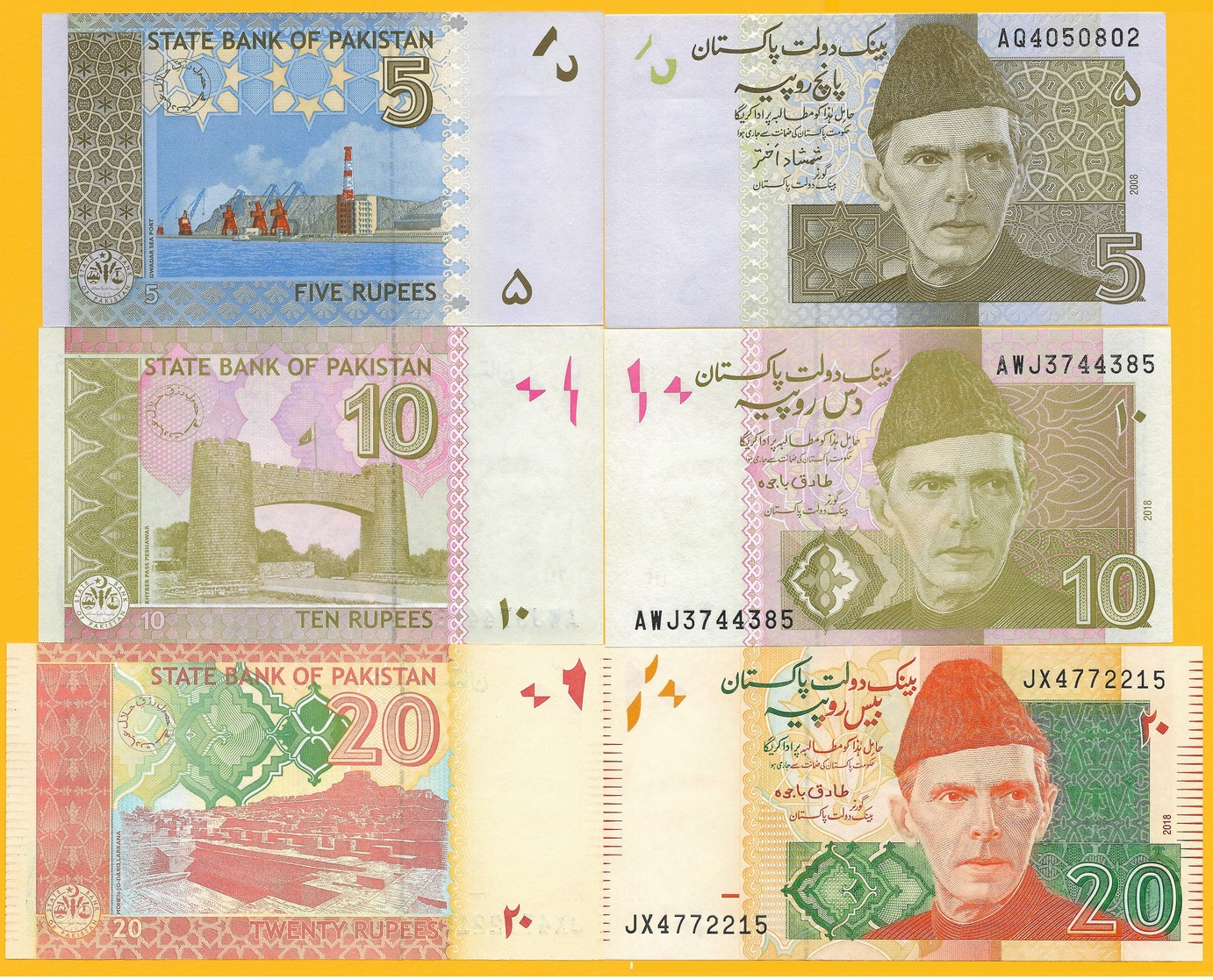 Pakistan Set Of 3 Banknotes: 5, 10, 20 Rupees 2008-2018 UNC - Pakistan