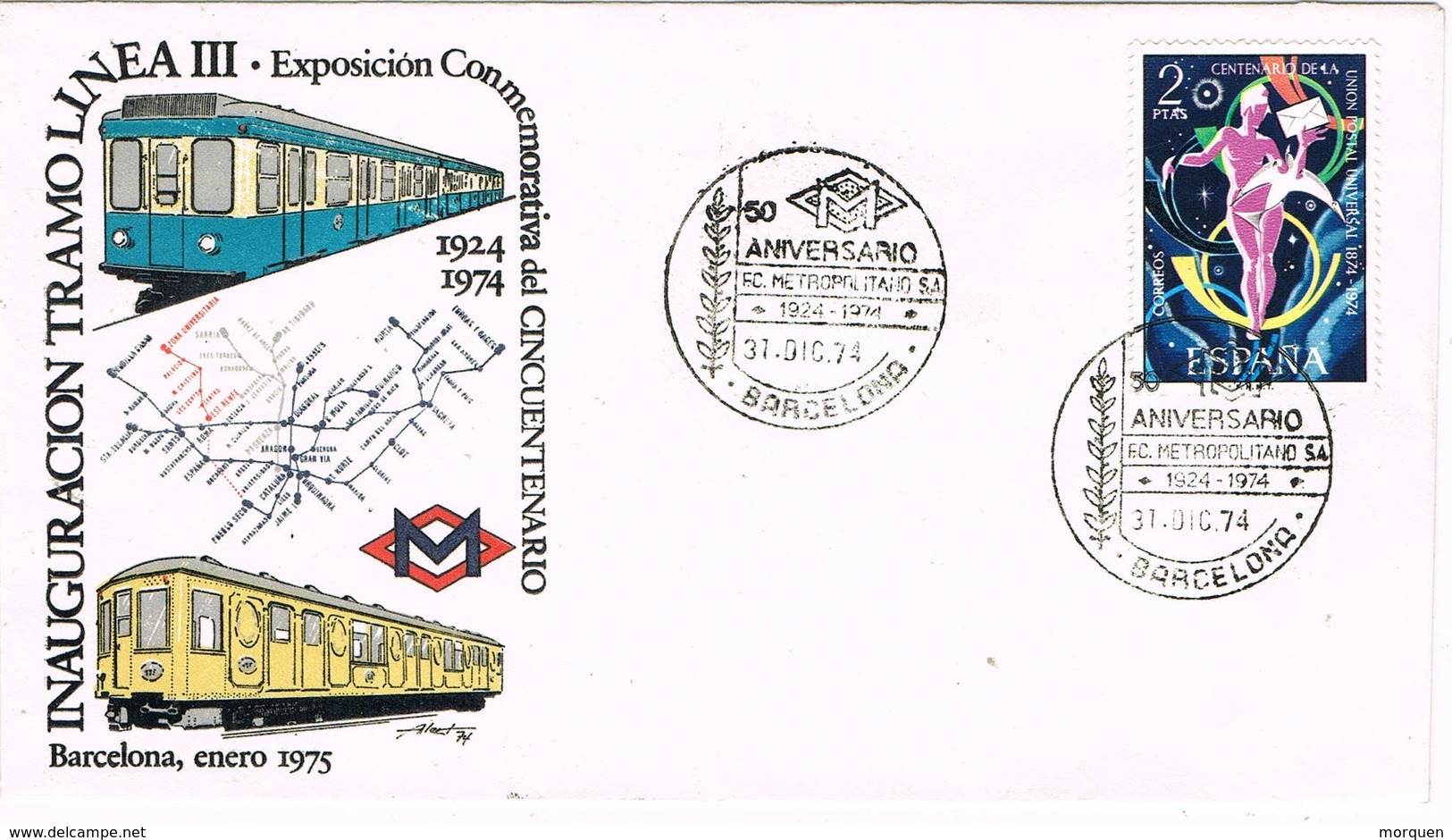 32991. Carta BARCELONA 1974. 50 Aniversario METRO, Metropolitano S.A. Linea III - Cartas & Documentos