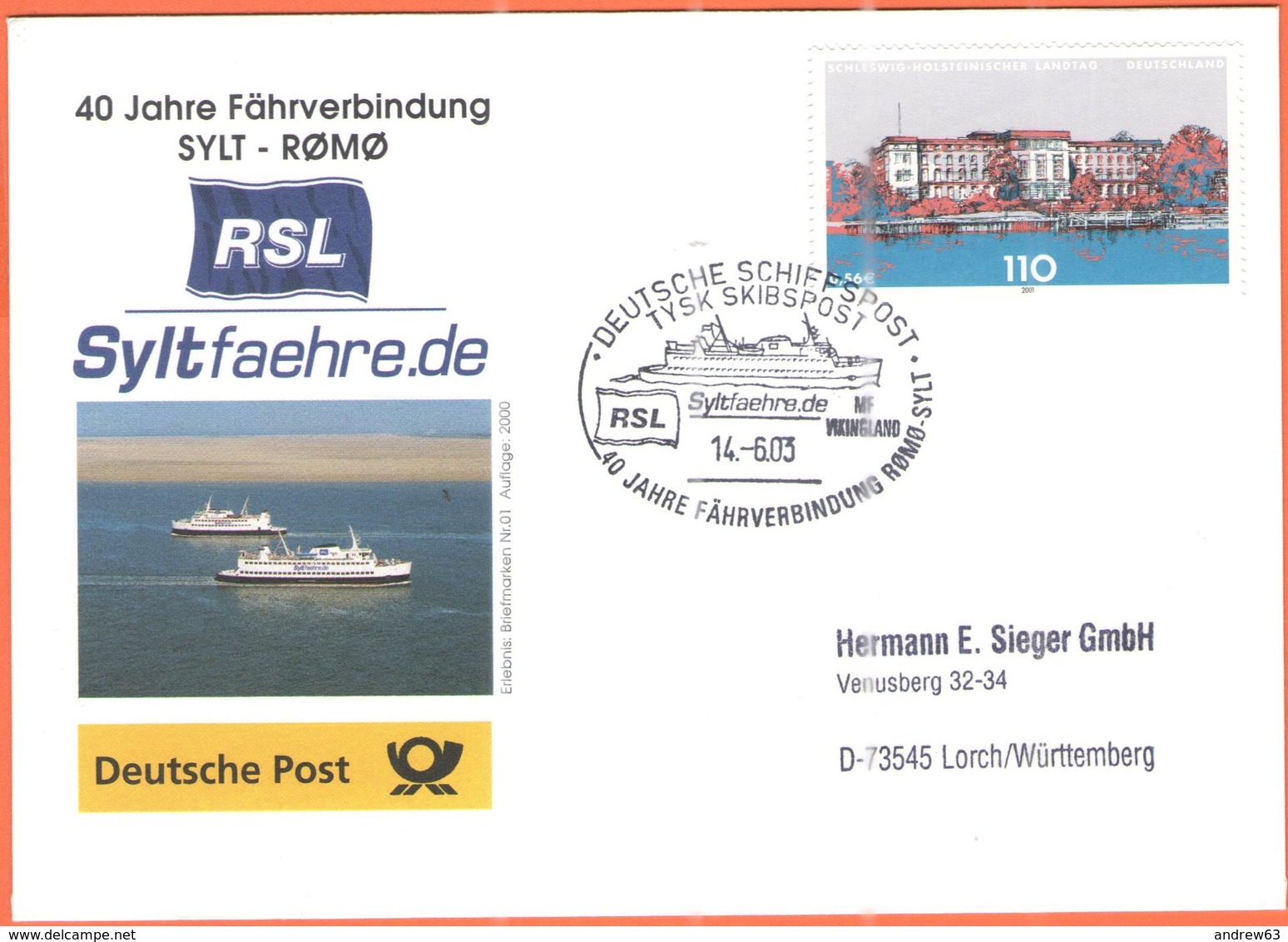 GERMANIA - GERMANY - Deutschland - ALLEMAGNE - BUNDESPOST - 2003 - 110 Schleswig-Holsteinscher Landtag + Special Cancel - Storia Postale