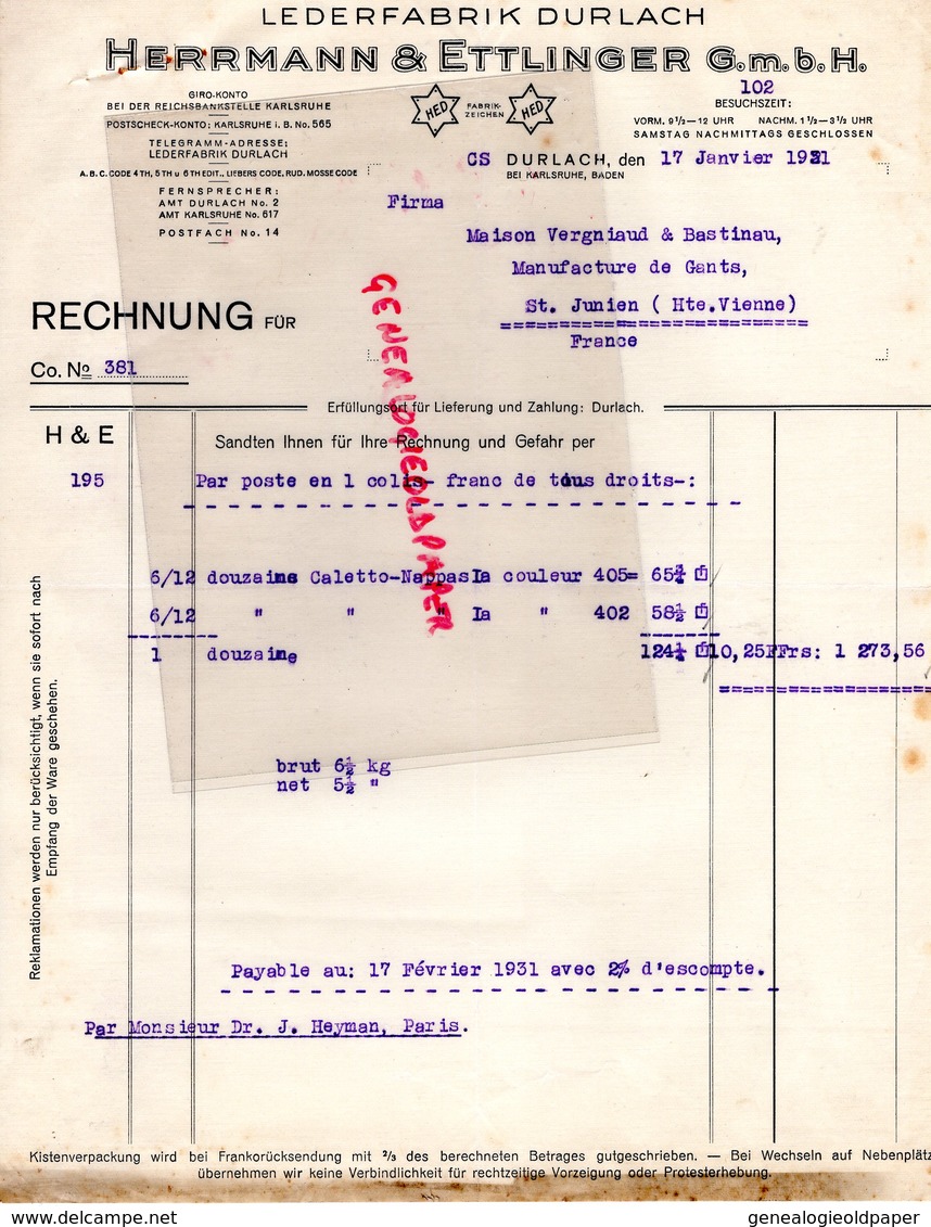 ALLEMAGNE-DURLACH-HERRMANN & ETTLINGER-LEDERFABRIK BADEN  A VERGNIAUD RATINAUD ST SAINT JUNIEN GANTERIE-1931- GANTS GANT - Straßenhandel Und Kleingewerbe