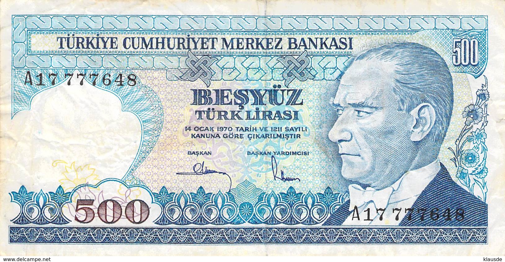 500 Türk Lira Banknote Türkei VF/F (III) 1970 - Turquie