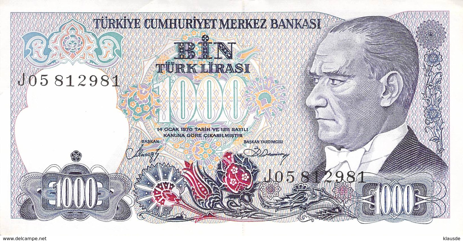 1000 Türk Lira Banknote Türkei VF/F (III) 1970 - Turquie