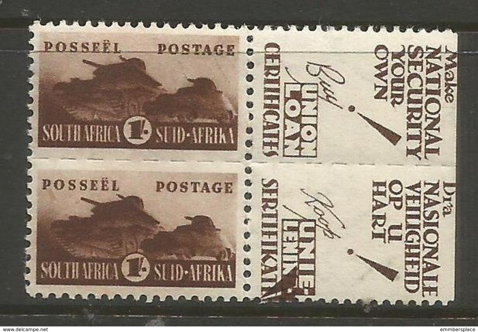 South Africa - 1942 Tanks 1/- National Security Margin Pair MNH **   SG 104  Sc 97 - Unused Stamps