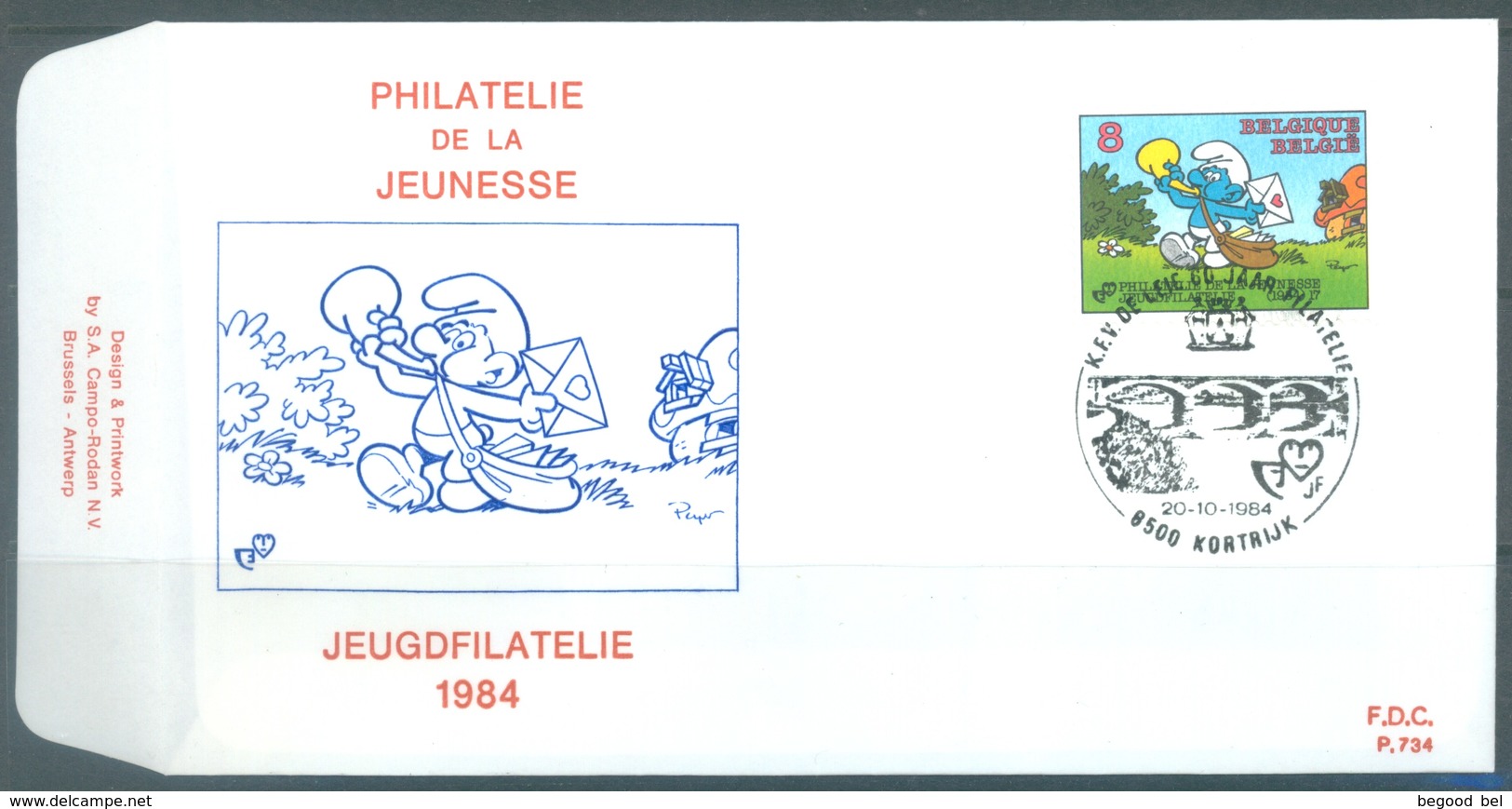 BELGIUM - 20.10.1984 - FDC - SMURF SCHTROUMPF -  RODAN 734 KORTRIJK - COB 2150 -  Lot 19586 - 1981-1990