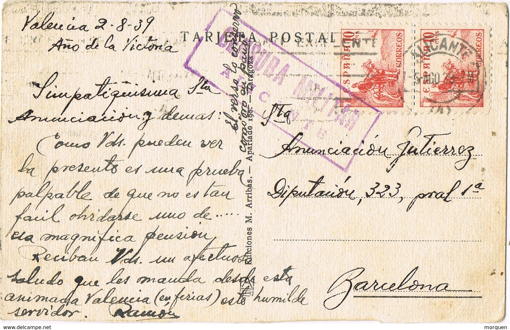 33000. Postal ALICANTE 1939. Censura Militar, Guerra Civil - Storia Postale