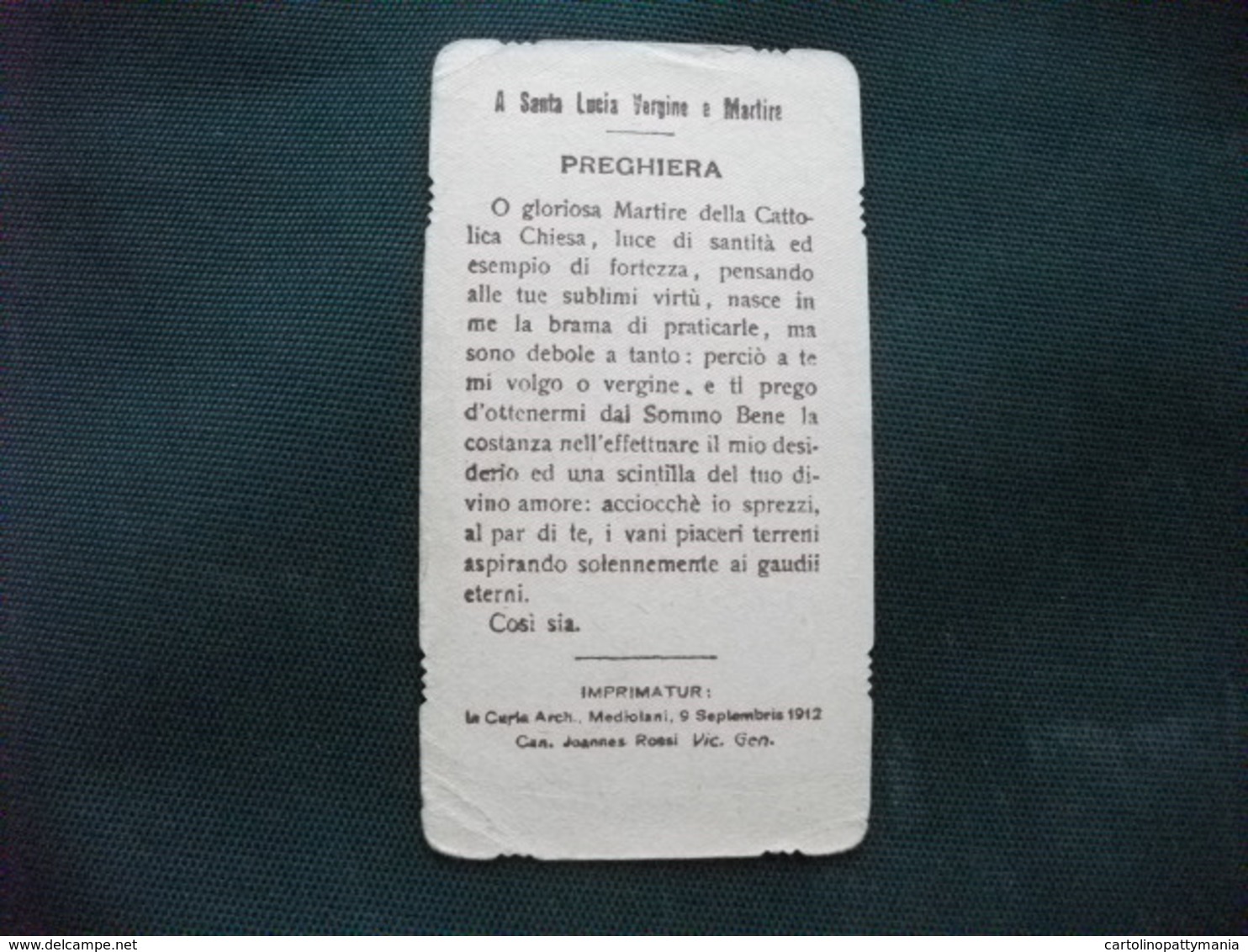 SANTINO HOLY PICTURE IMAGE SAINTE PREGHIERA A SANTA LUCIA V. M. IMPRIMATUR SETTEMBRE 1912 - Religione & Esoterismo