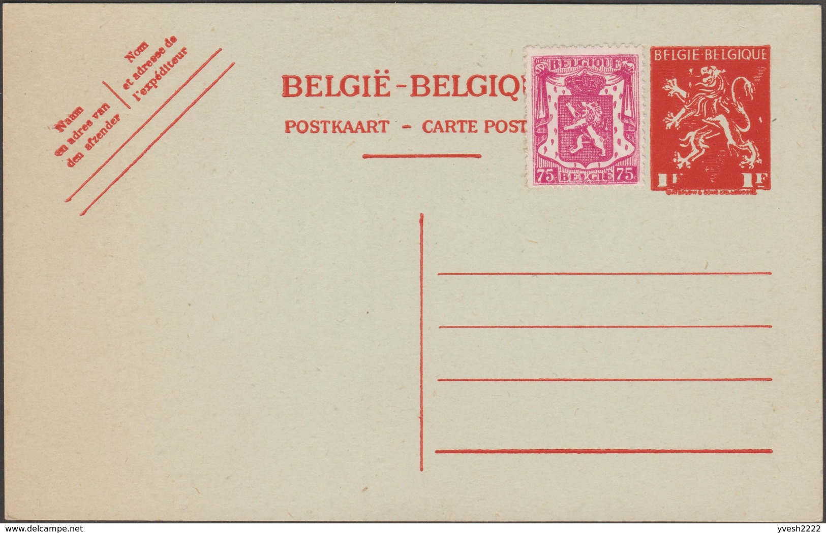 Belgique 1944. Carte Postale Pour L'étranger. Timbre à 1 F Au Type « V De Londres ». Curiosité D'encrage, Timbre Maculé - Varietà/Curiosità