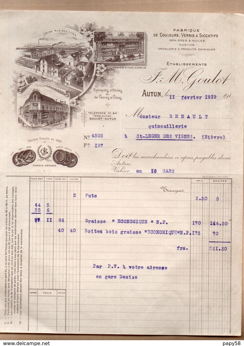 Vieux Papiers > Factures & Documents Commerciaux > France > 1900 – 1949 Autun F.M.GOULOT Laques , Vernis, Mastic - 1900 – 1949