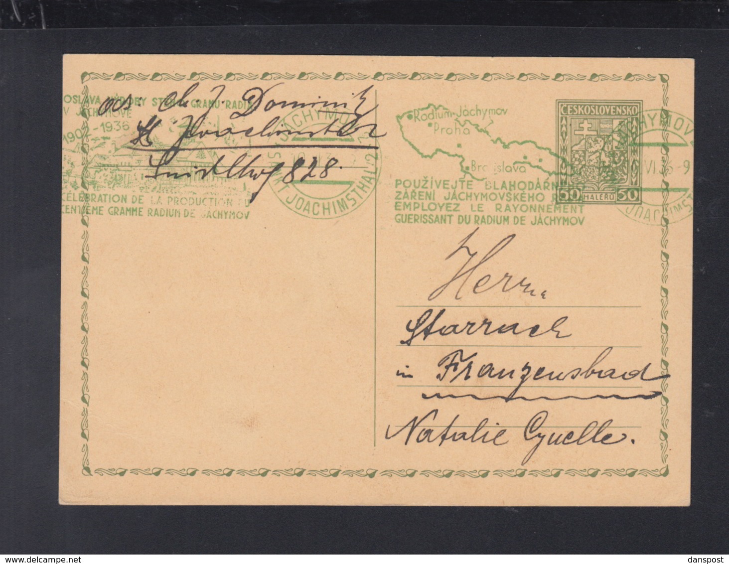 Czechoslovakia Stationery Green Joachimstal 1936 - Covers & Documents