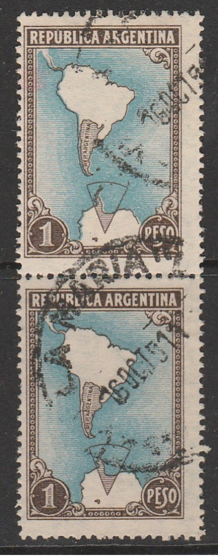 Argentina 1936 -1942 Definitive Issues - Agriculture 1 P Brownish Black/light Blue SW 433 O Used (vert Pair) - Used Stamps