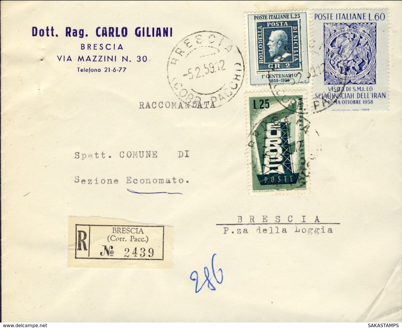 1959-busta Raccomandata Affrancata Con Valori Gemelli L.25 (Europa+Centenario Francobollo Di Sicilia)+L.60 Visita Dello - 1946-60: Storia Postale