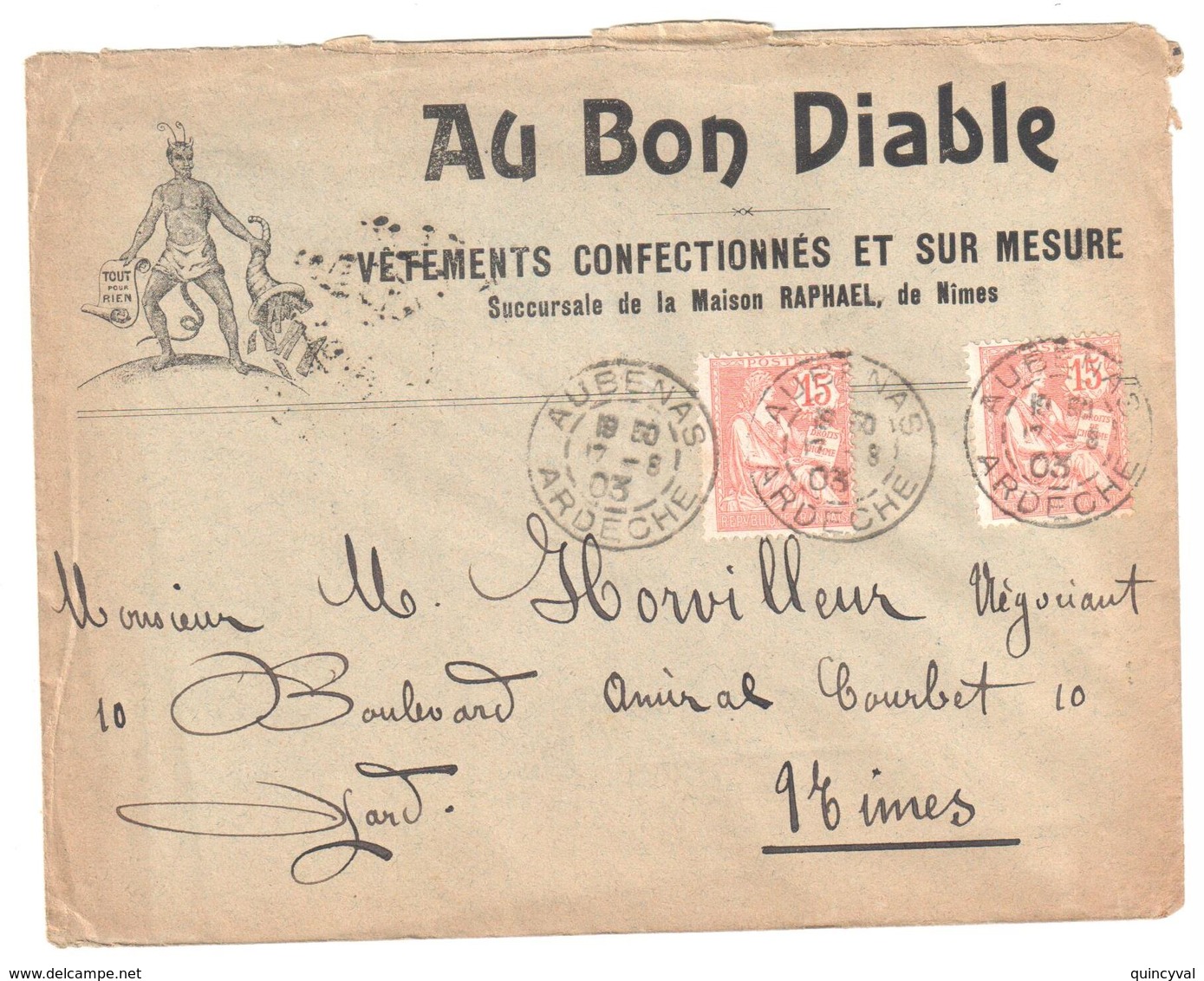 AUBENAS Ardèche Lettre Illustrée 2° Ech Entête Vêtement Sur Mesure AU BON DIABLE 15c Mouchon Yv 165x2 Ob 1903 - Covers & Documents