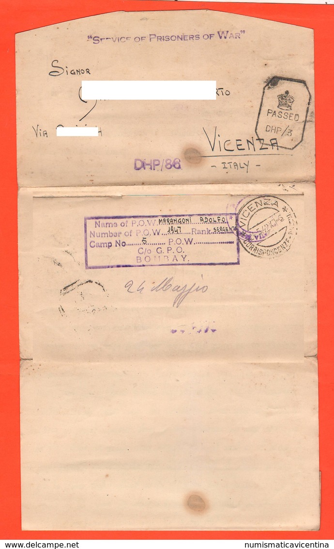 POW India Prisoners Of War Lettera Prigionieri Di Guerra Letter Prisonniers De Guerre From BOMBAY Camp To Vicenza 1942 - Documents