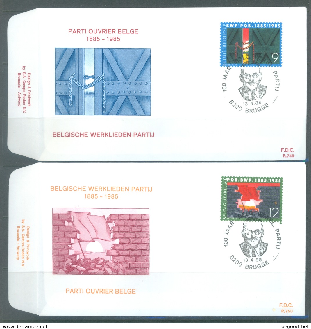 BELGIUM - 13.4.1985 - FDC - PARTI OUVRIER WERKLIEDEN PARTIJ  -  RODAN 749-750 BRUGGE - COB 2167-2168 -  Lot 19591 - 1981-1990