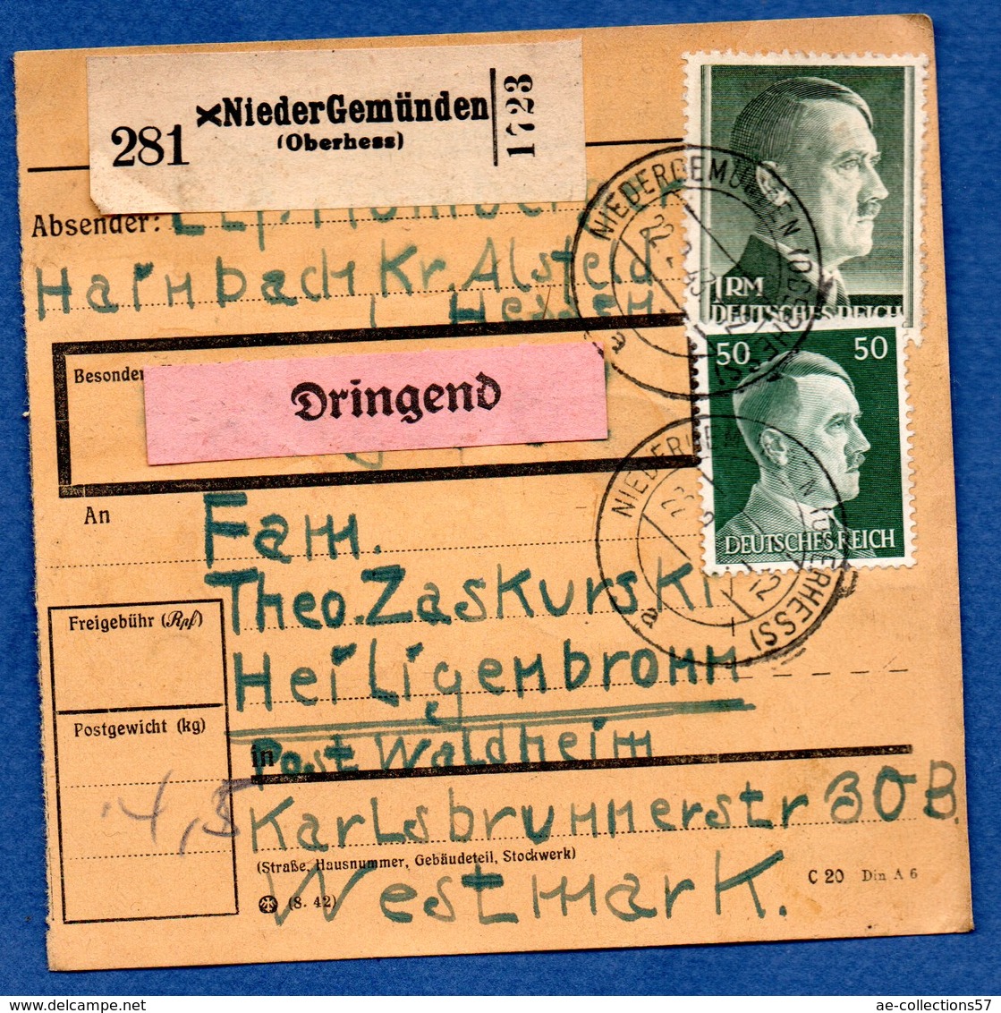 Colis Postal / De  NiederGemünden  / Pour Waldheim - Autres & Non Classés