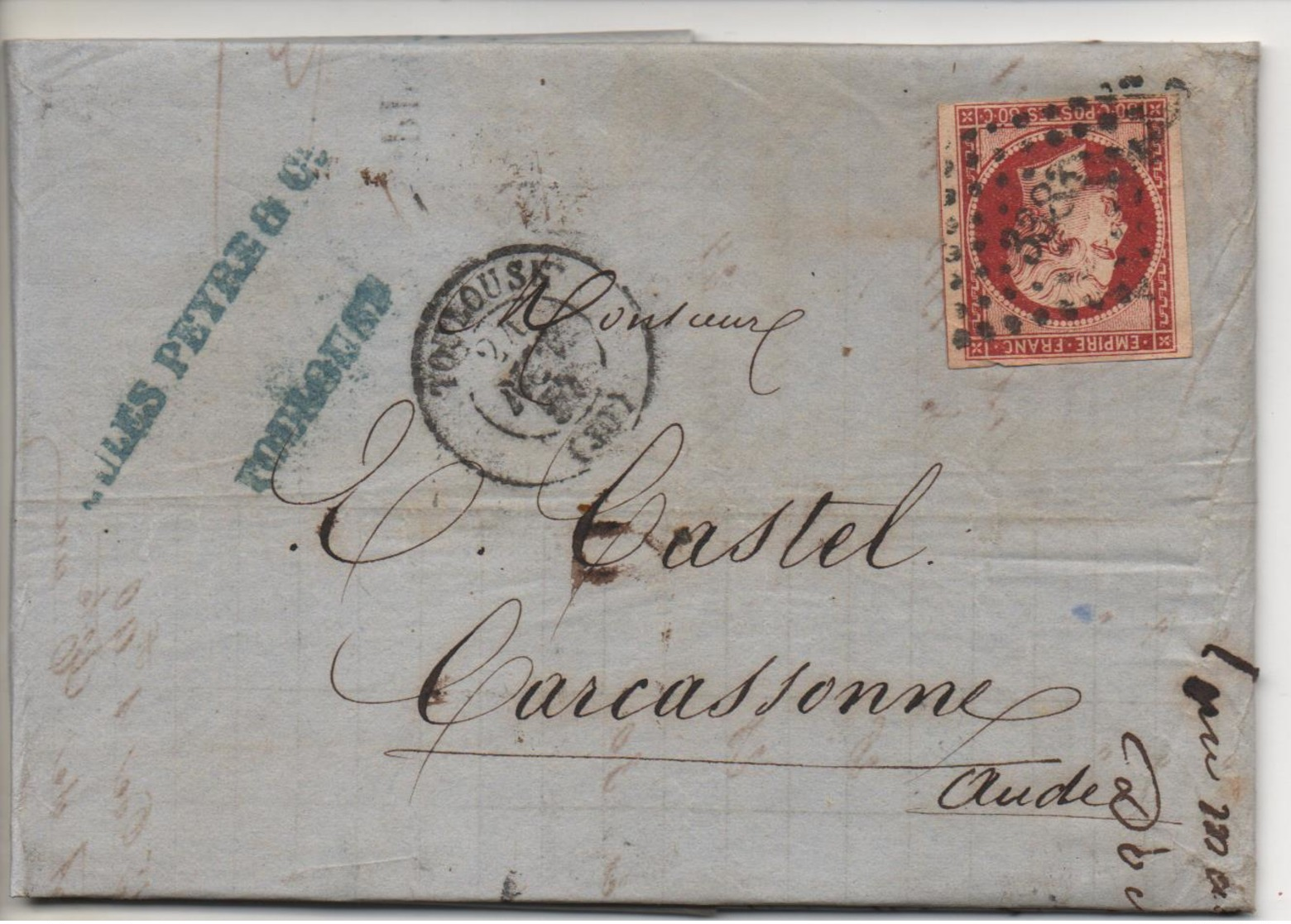 80c Non Dentelé Sur Lettre De TOULOUSE (Haute Garonne) De Novembre 1857 à Destination De CARCASSONNE (Aude) - 1849-1876: Période Classique