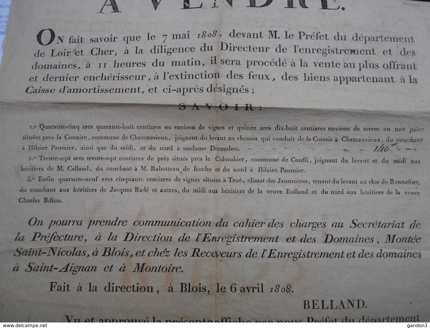 ACTE De VENTE  De  Terrains Viticoles  Sur Les Communes De "CHATEAUVIEUX - COUFFI - TROO"  -  Daté  9 Avril 1808 - 41 - - Autres & Non Classés