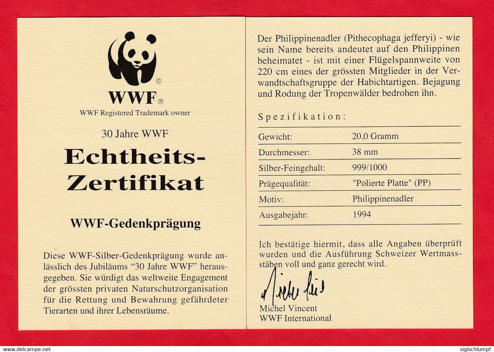 30 JAHRE WWF Silber Gedenkmünze Silver Coin / Ag 999 PP / Vögel Birds Oiseaux Philippinenadler Pithecophaga Jefferyi - Sonstige & Ohne Zuordnung