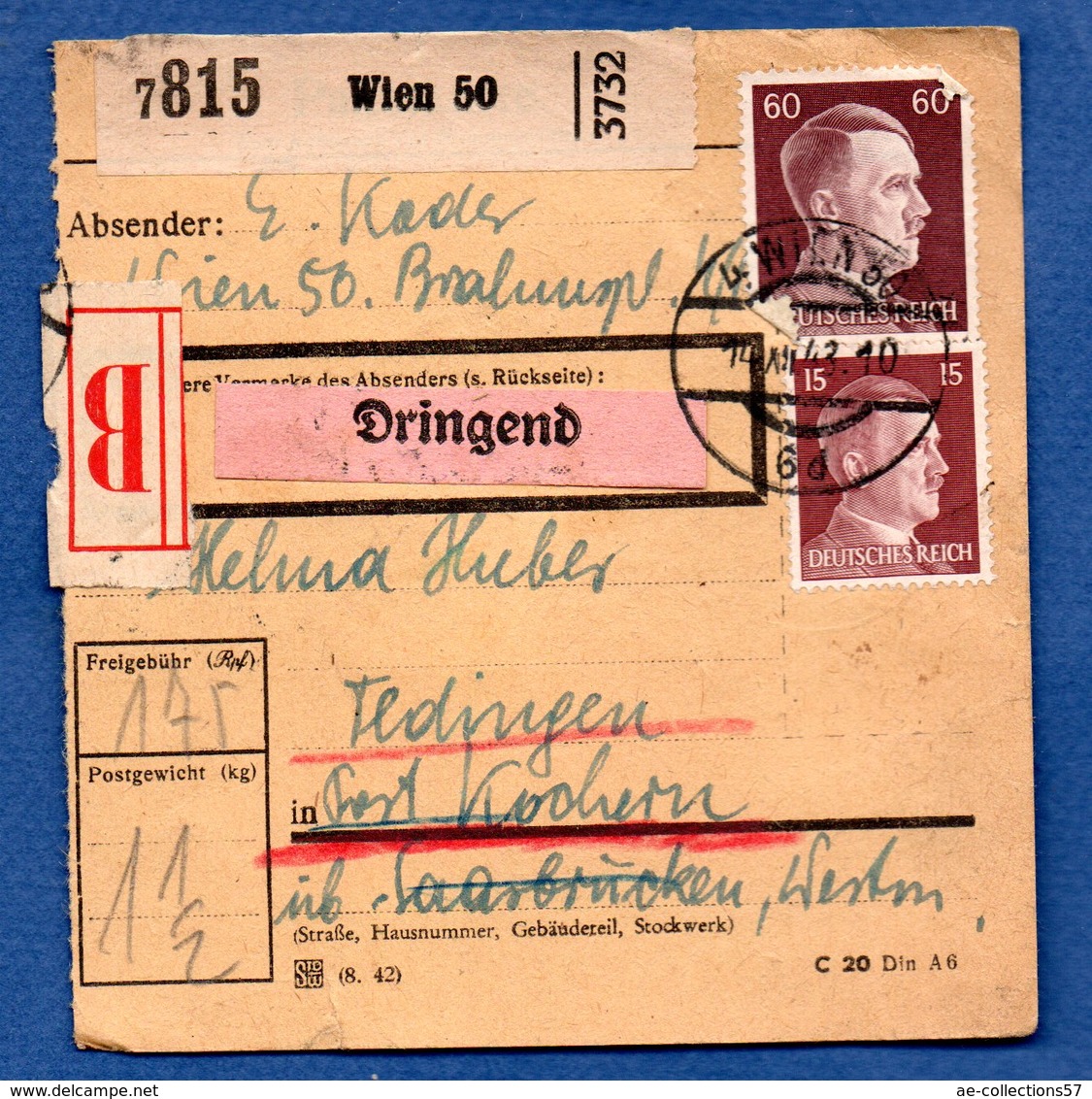 Colis Postal / De Wien / Pour Tedingen - Autres & Non Classés