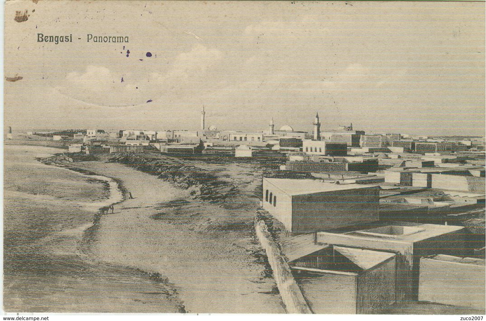 BENGASI (LIBIA),PANORAMA, B/N-ANIMATA-TIMBRO "16° REGGIMENTO FANTERIA-2° BATTAGLIONE" 1914-PER NAPOLI - Guerra 1914-18