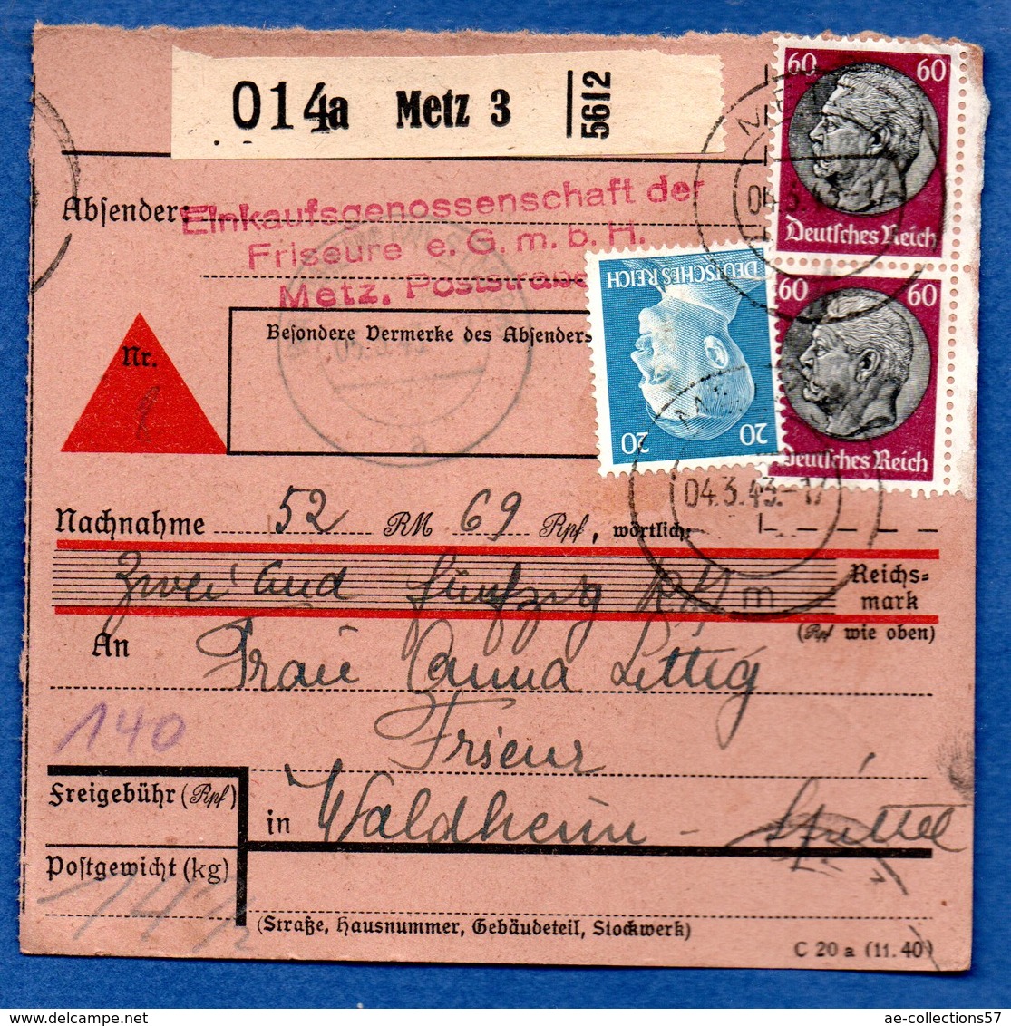 Colis Postal / De Metz 3  / Pour Waldheim - Spittel - Other & Unclassified