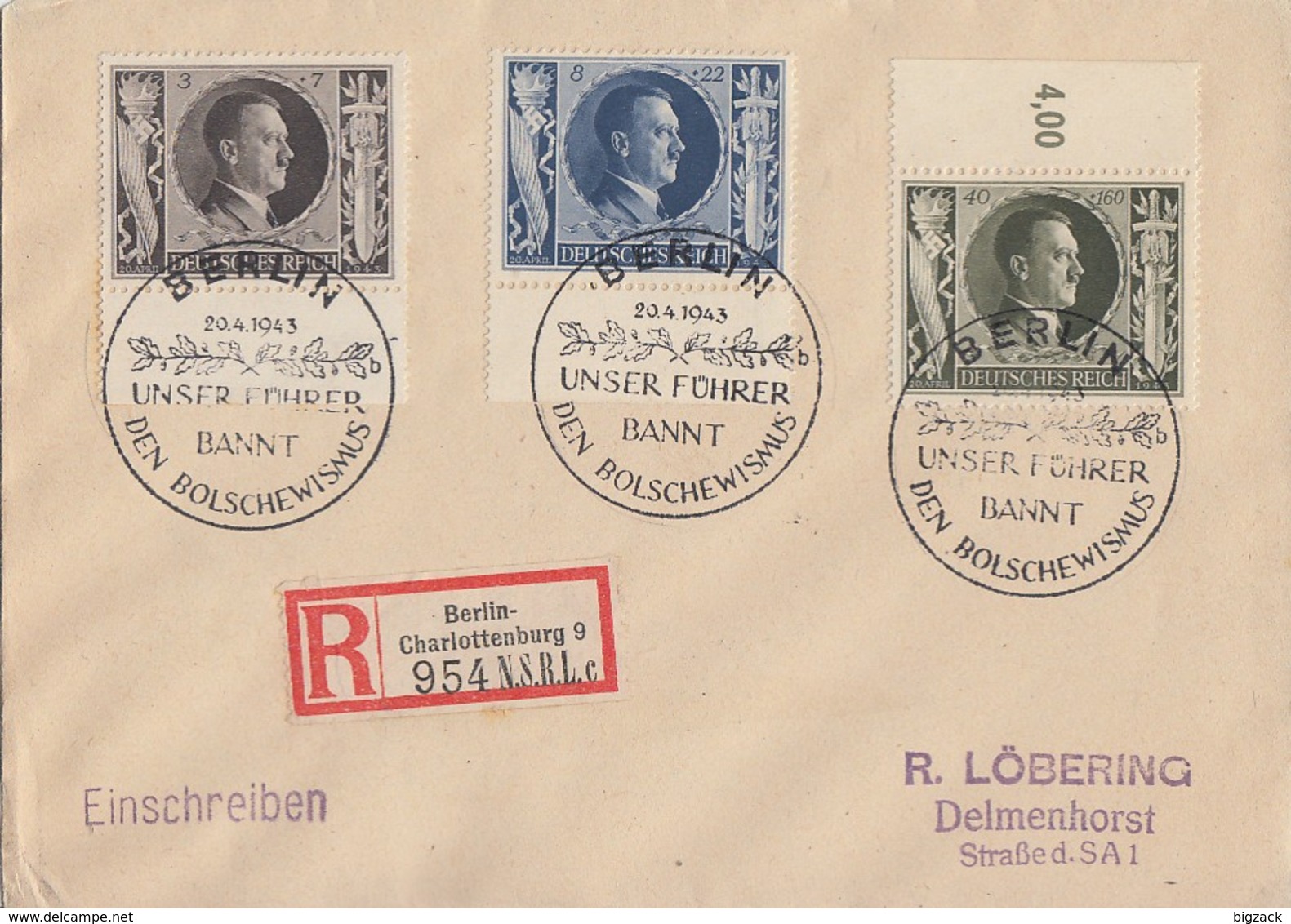 DR R-Brief Mif Minr.844,846,849 SST Berlin 20.4.43 - Briefe U. Dokumente