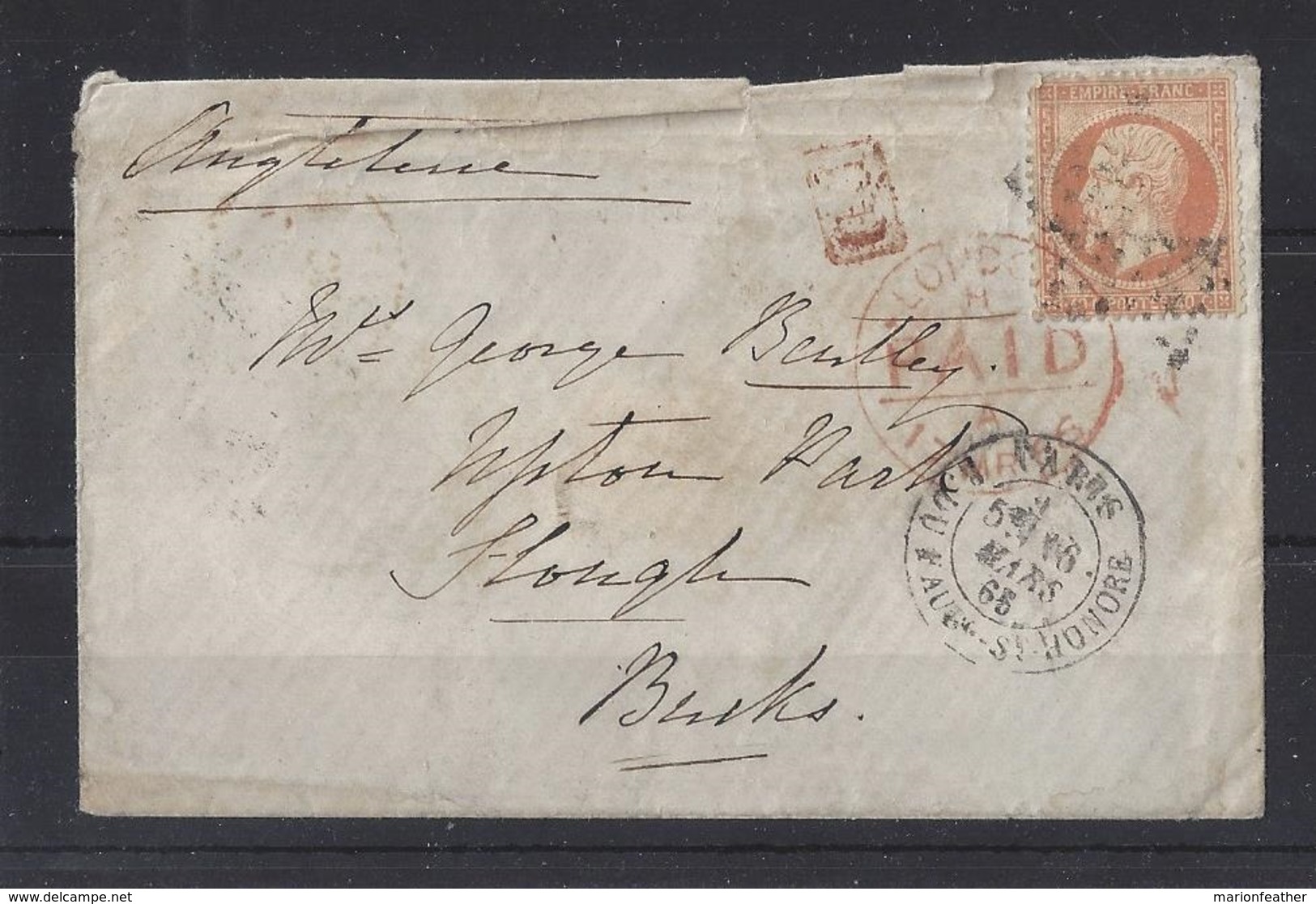 1849-1876....FRANCE.. " 1865 "  ...40c..PALE ORANGE ON ENVERLOPE WITH LONDON CODE " H PAID HS " - 1849-1876: Classic Period