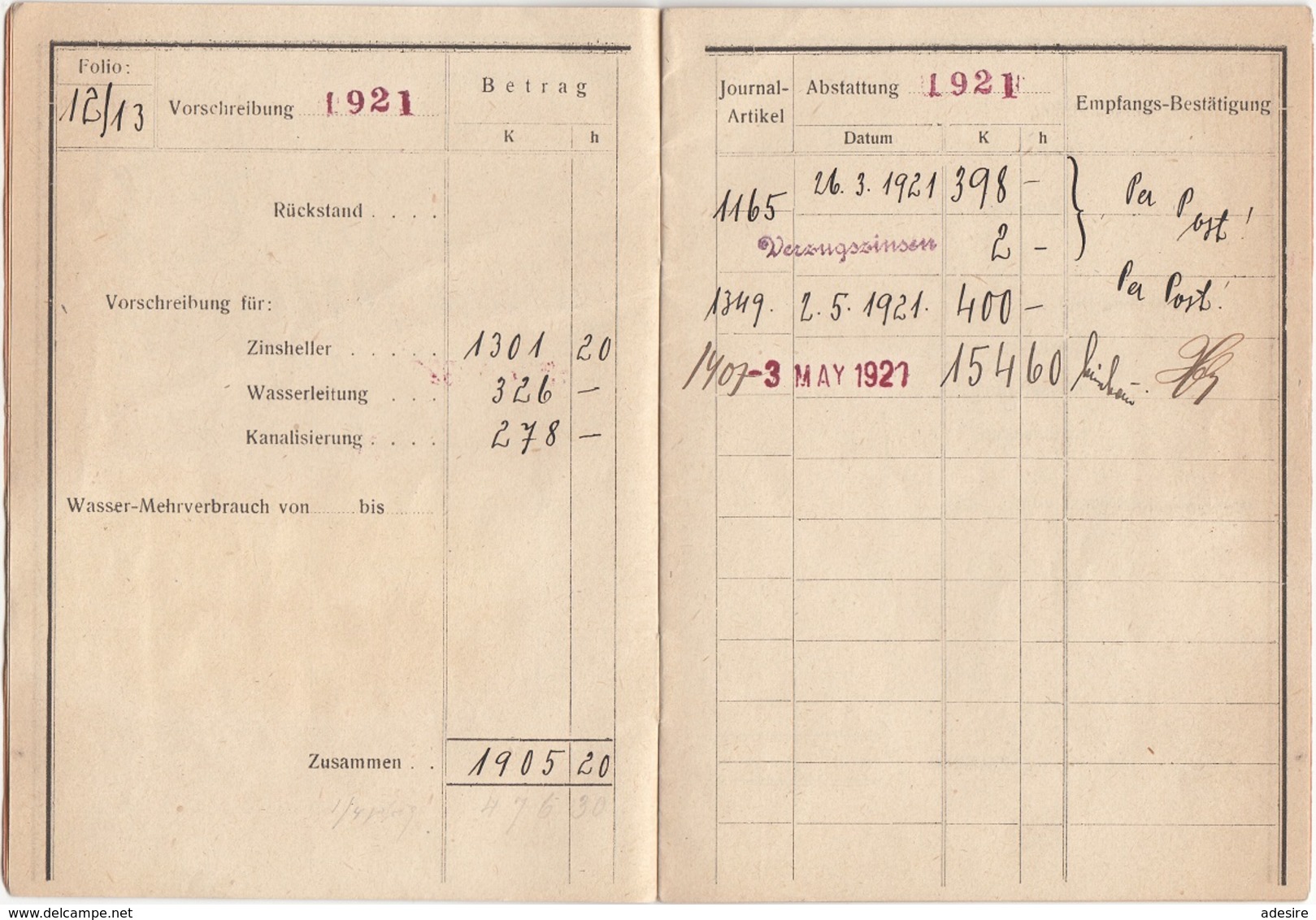 ZAHLUNGSBUCH 1920 Kammeramt Der Stadt BADEN - Historische Dokumente