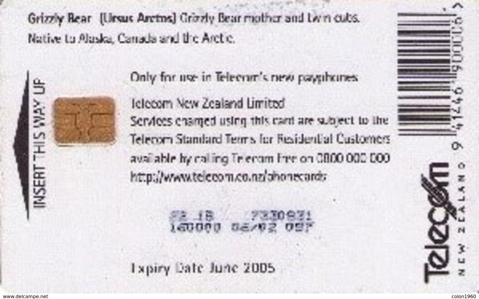 TARJETA TELEFONICA DE NUEVA ZELANDA, Grizzly Bear. NZ-C-082. (030) - Otros & Sin Clasificación