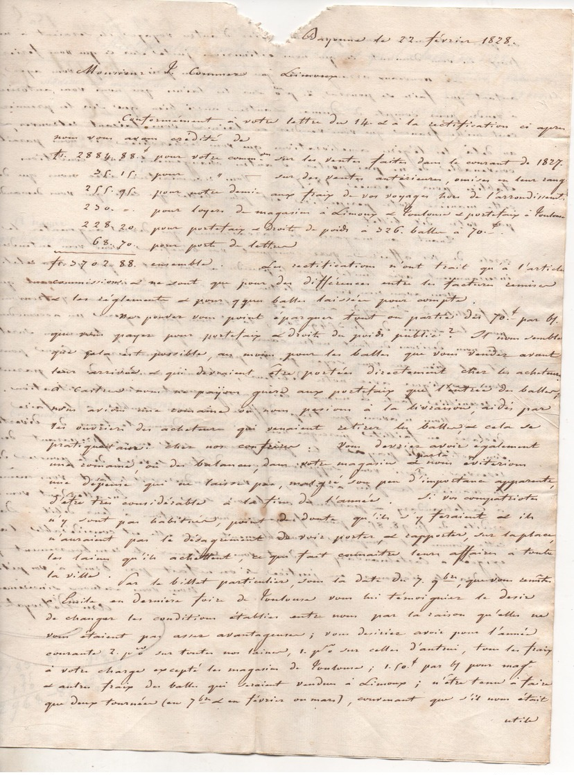 Cursive  à Date De BAYONNE (Pays-Basque) Du 24 Février 1828 écrite Par DETROYAT - 1801-1848: Précurseurs XIX