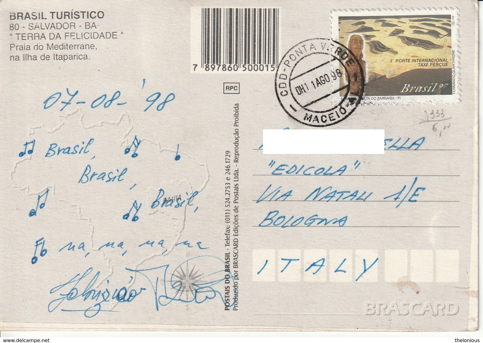 Cartolina Dal Brasile, Itaparica - Per Bologna 1998 (vedi Foto) - Salvador De Bahia
