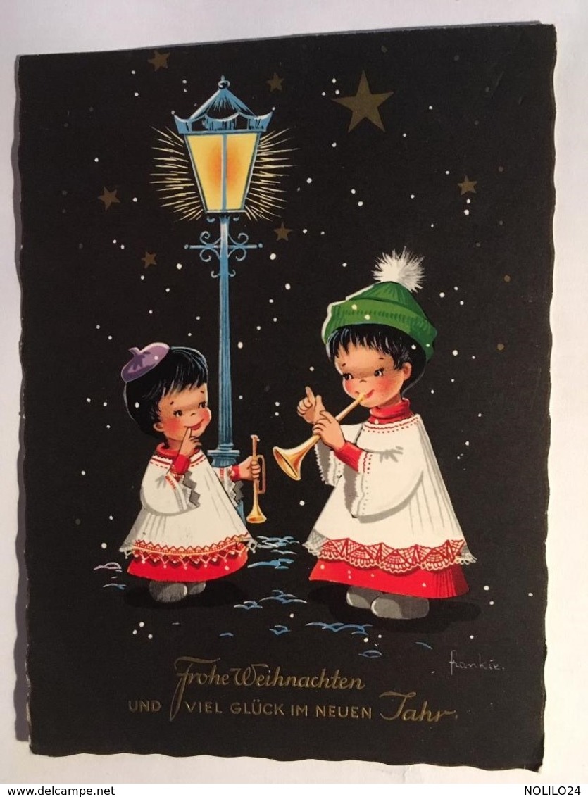 CPA,CPSM Frohe Weihnachten Und Viel Glück Im Neuen Jahr, Illustrateur Frankie, Deux Enfants Musiciens Sous Un Lampadaire - Autres & Non Classés