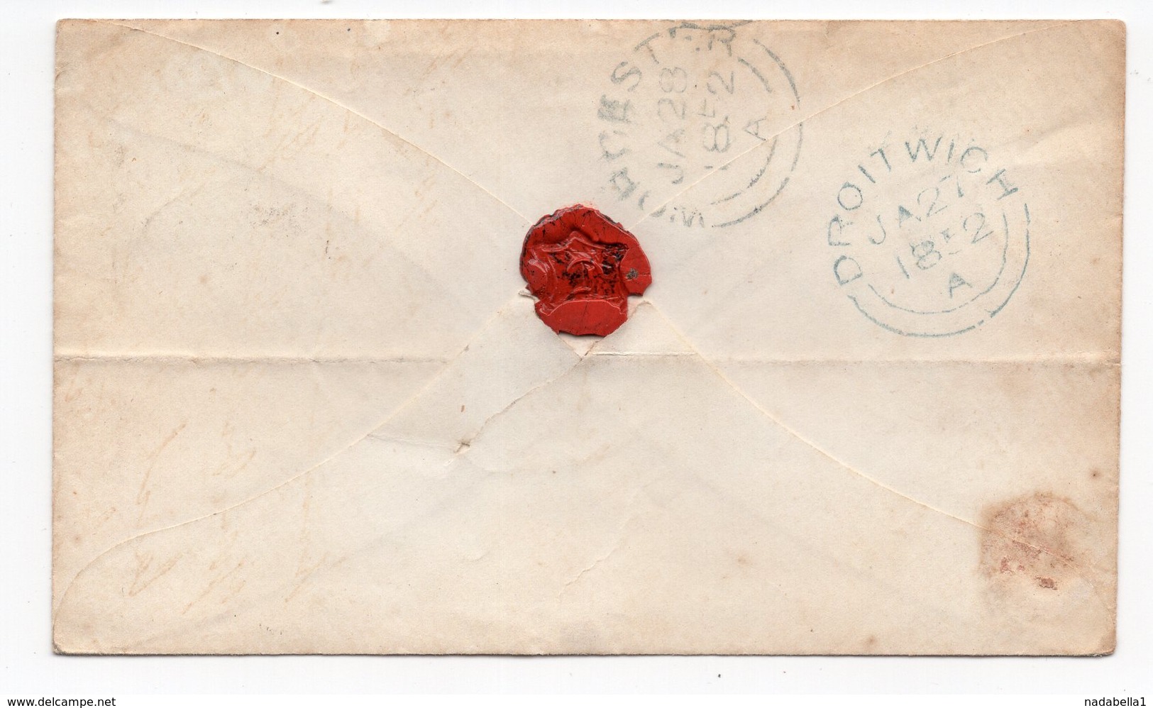 1852 GREAT BRITAIN, INTERNAL MAIL, DROITWICH TO WORCESTER, WAX SEAL - Covers & Documents