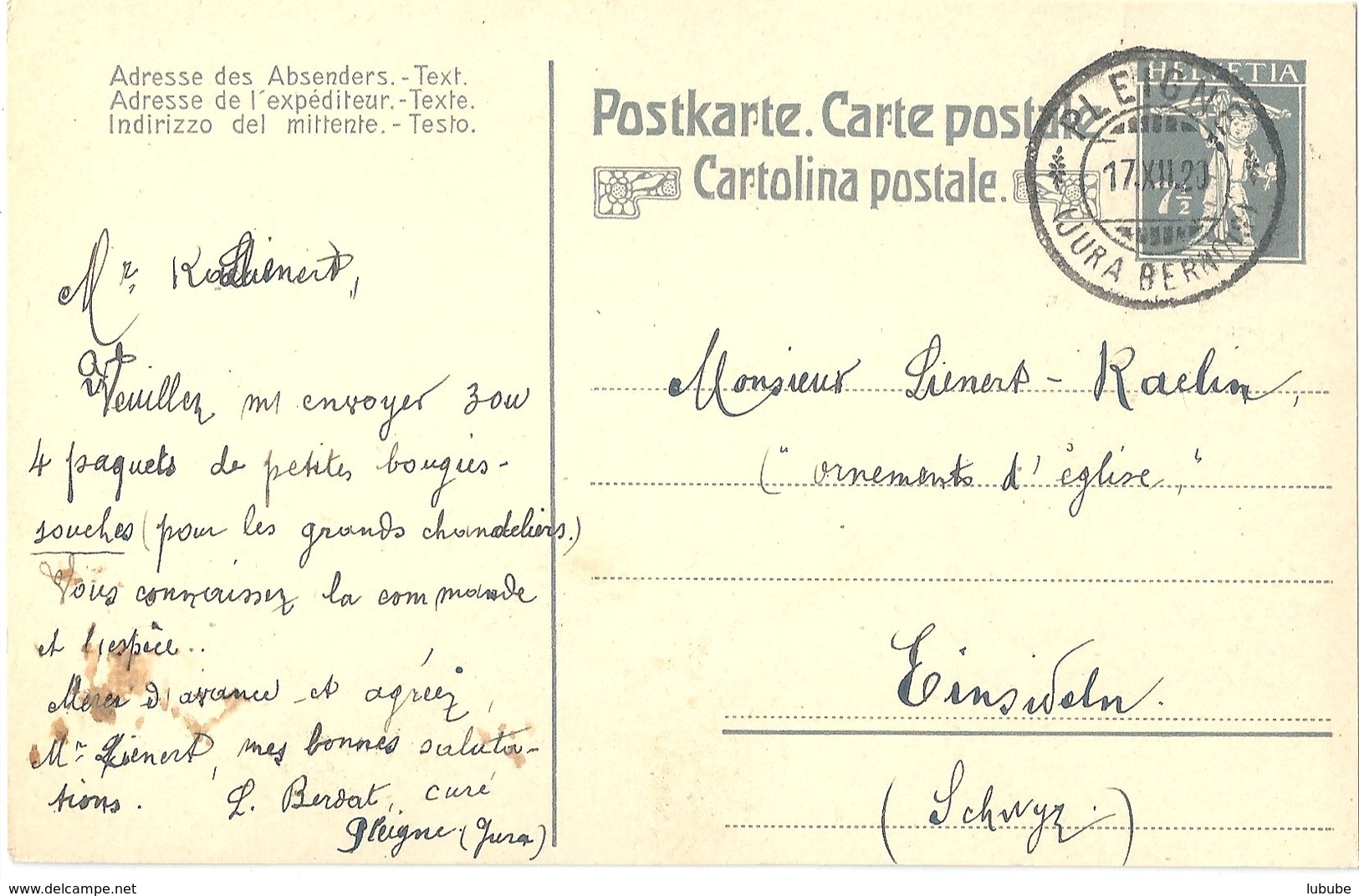 PK 68  Pleigne (Jura Bernois) - Einsiedeln             1920 - Interi Postali