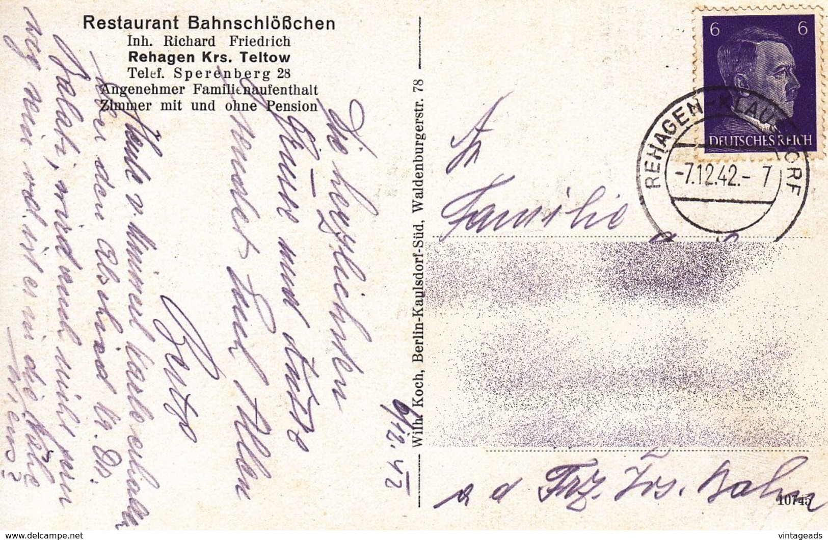 AK567 Ansichtskarte Rehagen, Restaurant Bahnschlößchen, Inh. Richard Friedrich, Gelaufen 1942 - Teltow