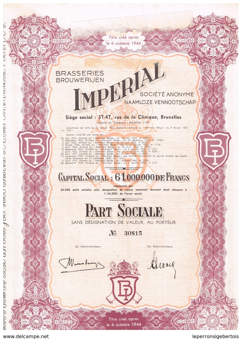 Ancien Titre - Brasseries Imperial - Société Anonyme - Titre De1950 - Industrie