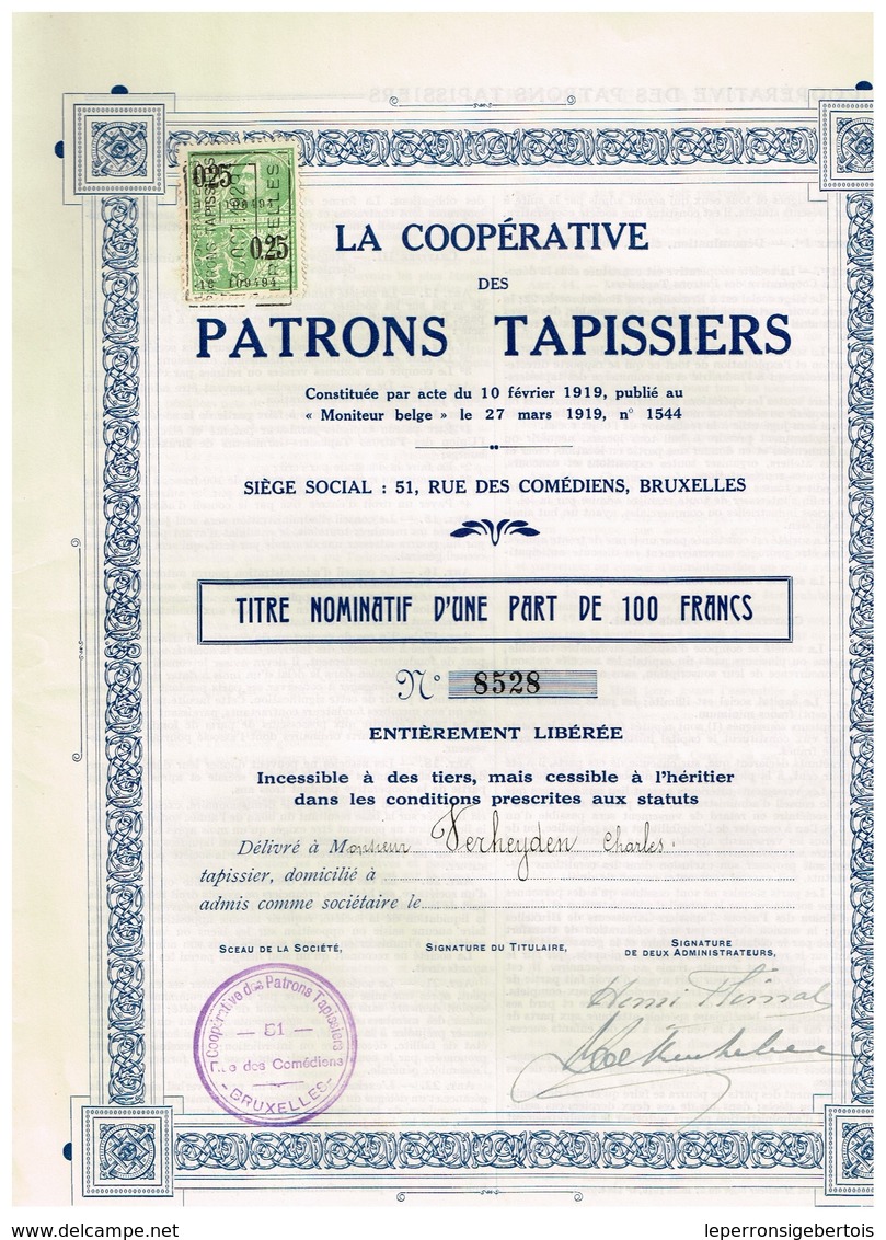 Ancien Titre - La Coopérative Des Patrons Tapissiers - Titre De 1929 - Rare - Industrie