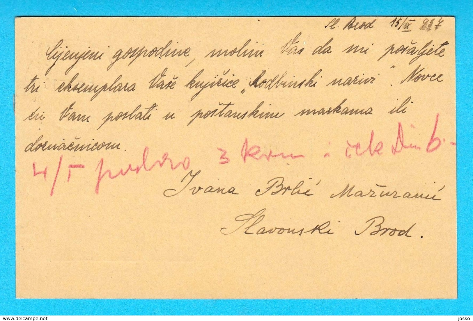 IVANA BRLIC MAZURANIC Rukom Ispisana I Potpisana Dopisnica * Putovala 1937. Slavonski Brod * Croatia Original Autograph - Escritores