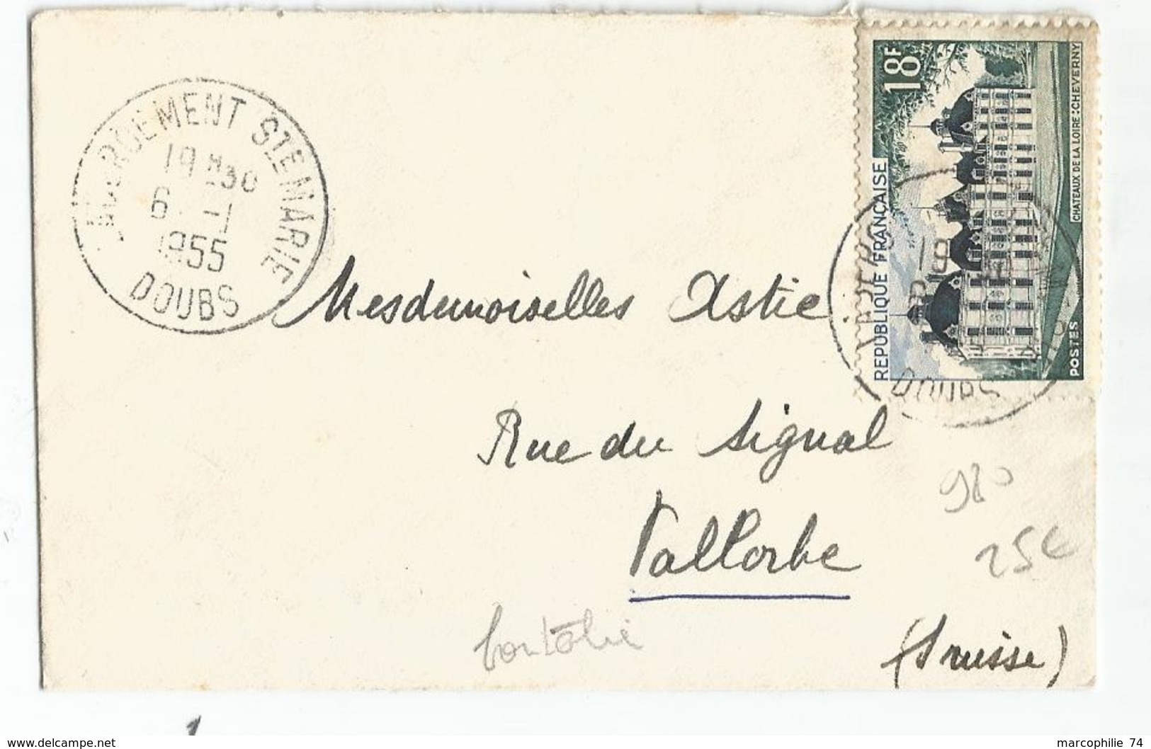 N°980 SEUL PETITE LETTRE LABERGEMENT DOUBS 6.1.1955 POUR VALLORGE SUISSE TARIF FRONTALIER - 1921-1960: Modern Period